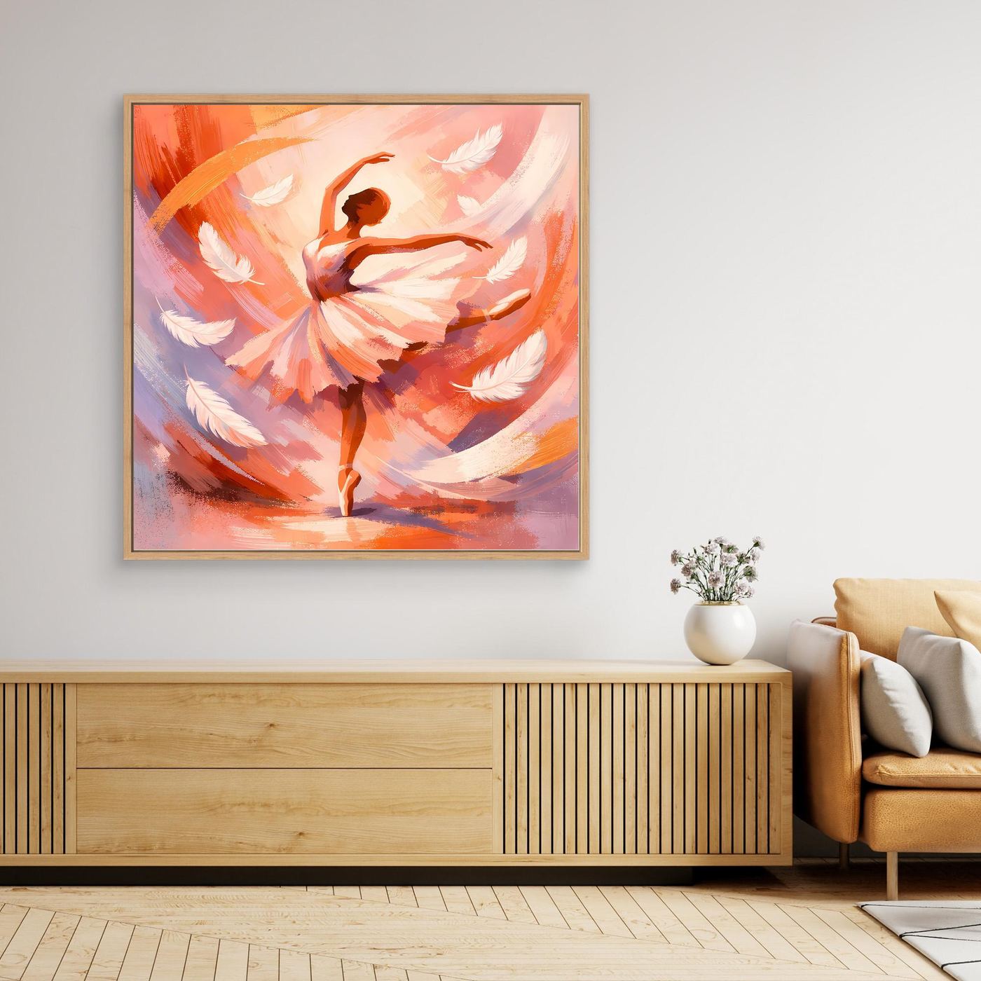 Abstraktes Leinwandbild mit Ballerina in warmen Orange- und Rosatönen, goldener Rahmen