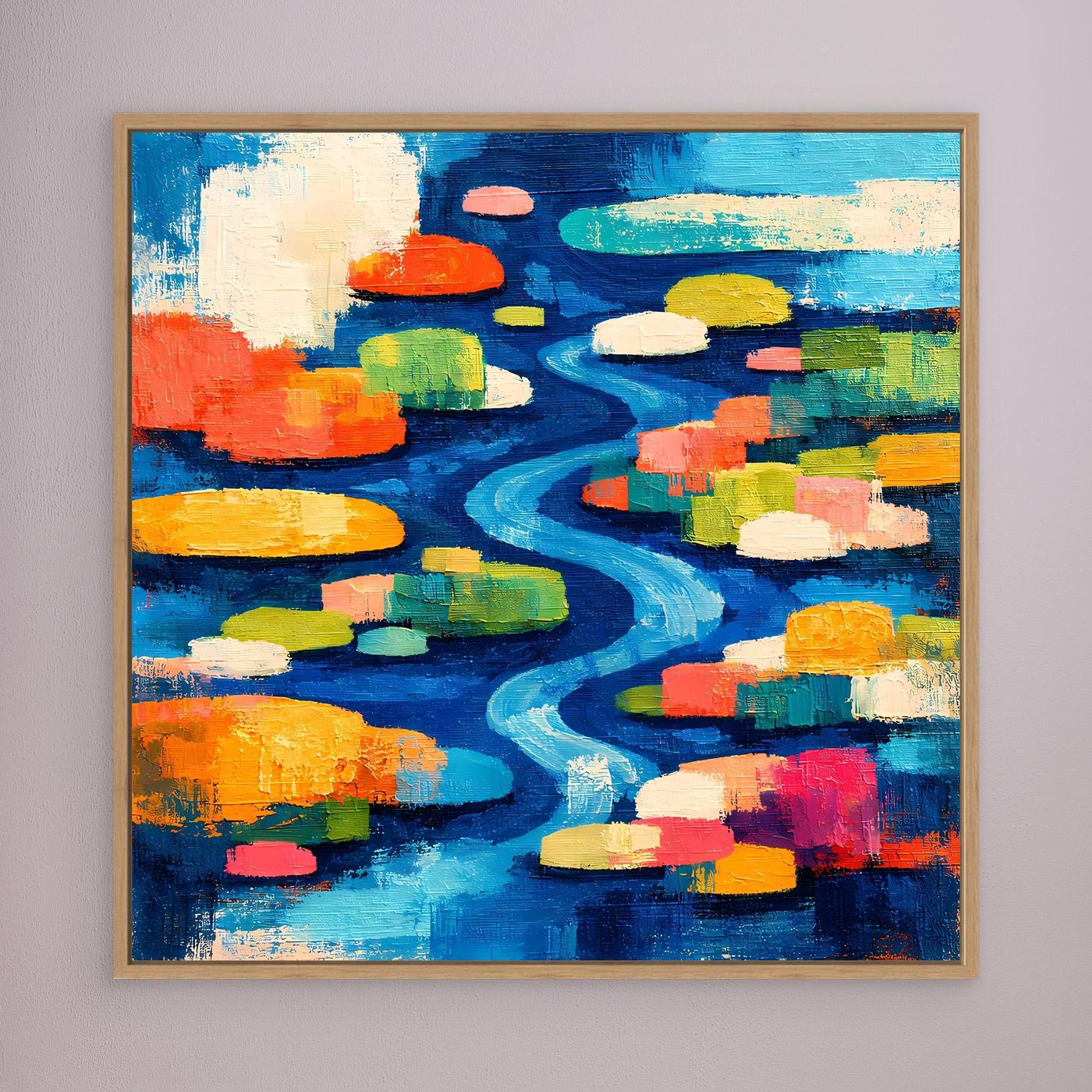 Abstraktes Leinwand-Wandbild mit Flusslauf und bunten Seerosen, heller Holzrahmen