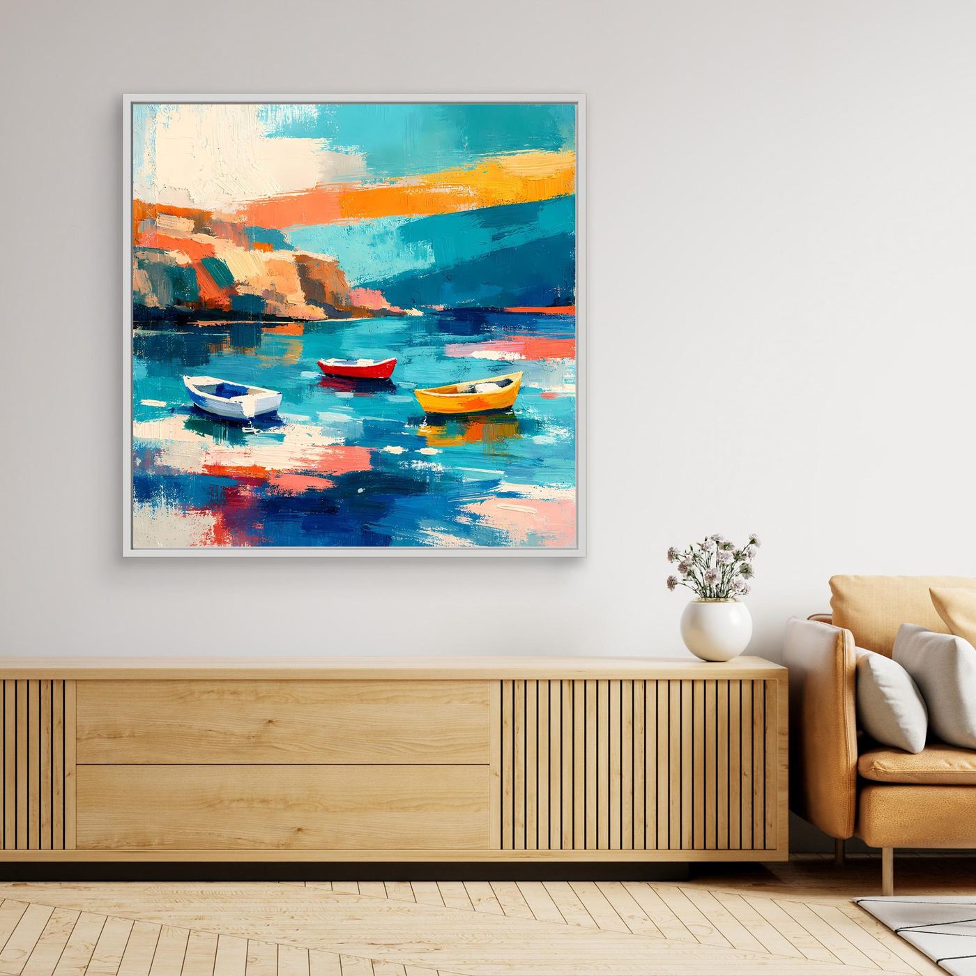 Abstraktes Leinwand-Wandbild: Boote in der Bucht, türkis- und orangefarbene Farbflächen