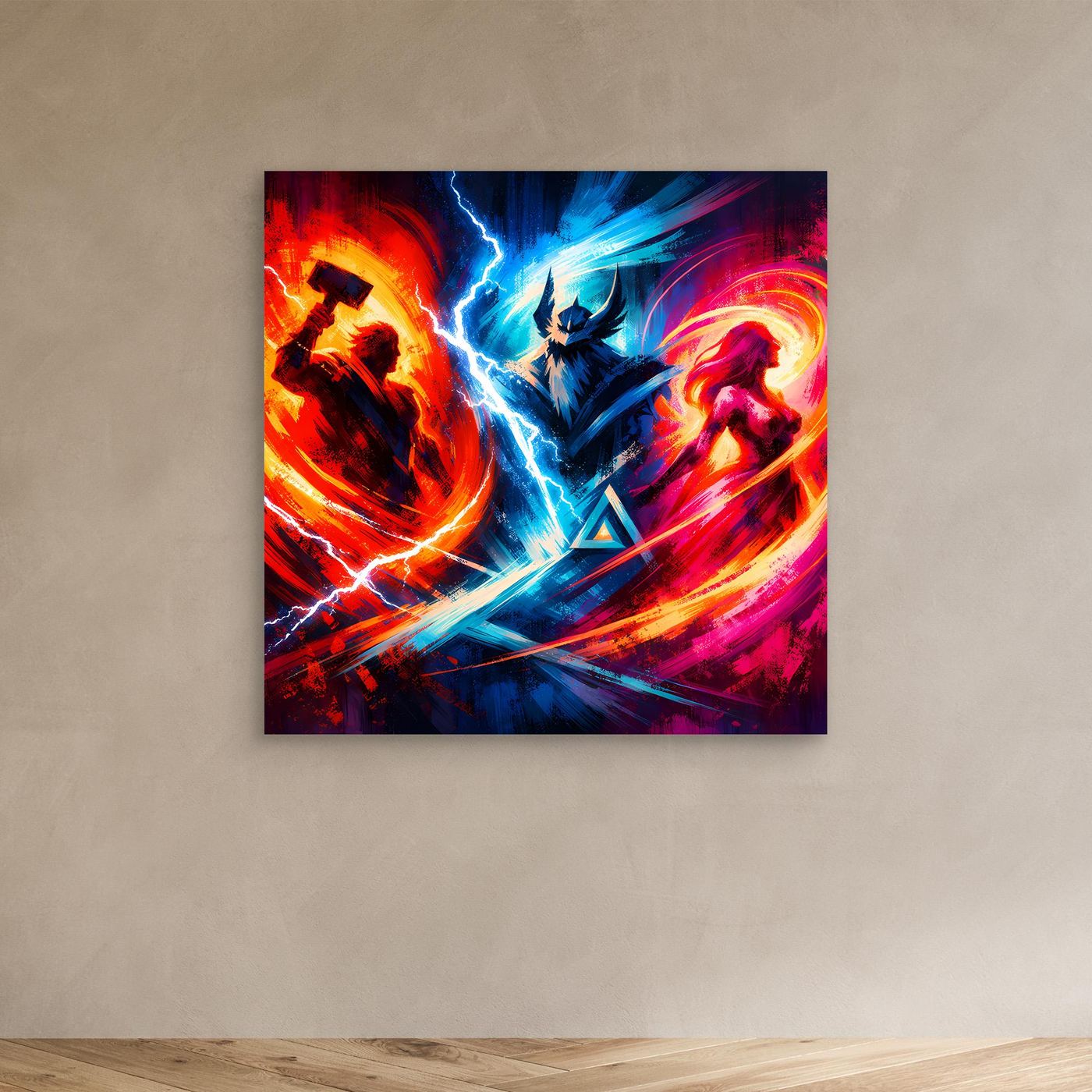 Leinwand-Wandbild mit Fantasy-Figuren, Neonwirbeln und Blitzbogen, ohne sichtbaren Rahmen