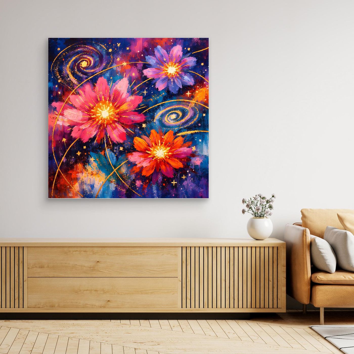 Leinwand-Wandbild mit kosmischen Blüten, Sternen und Spiralnebeln in kräftigen Blau- und Rosatönen.