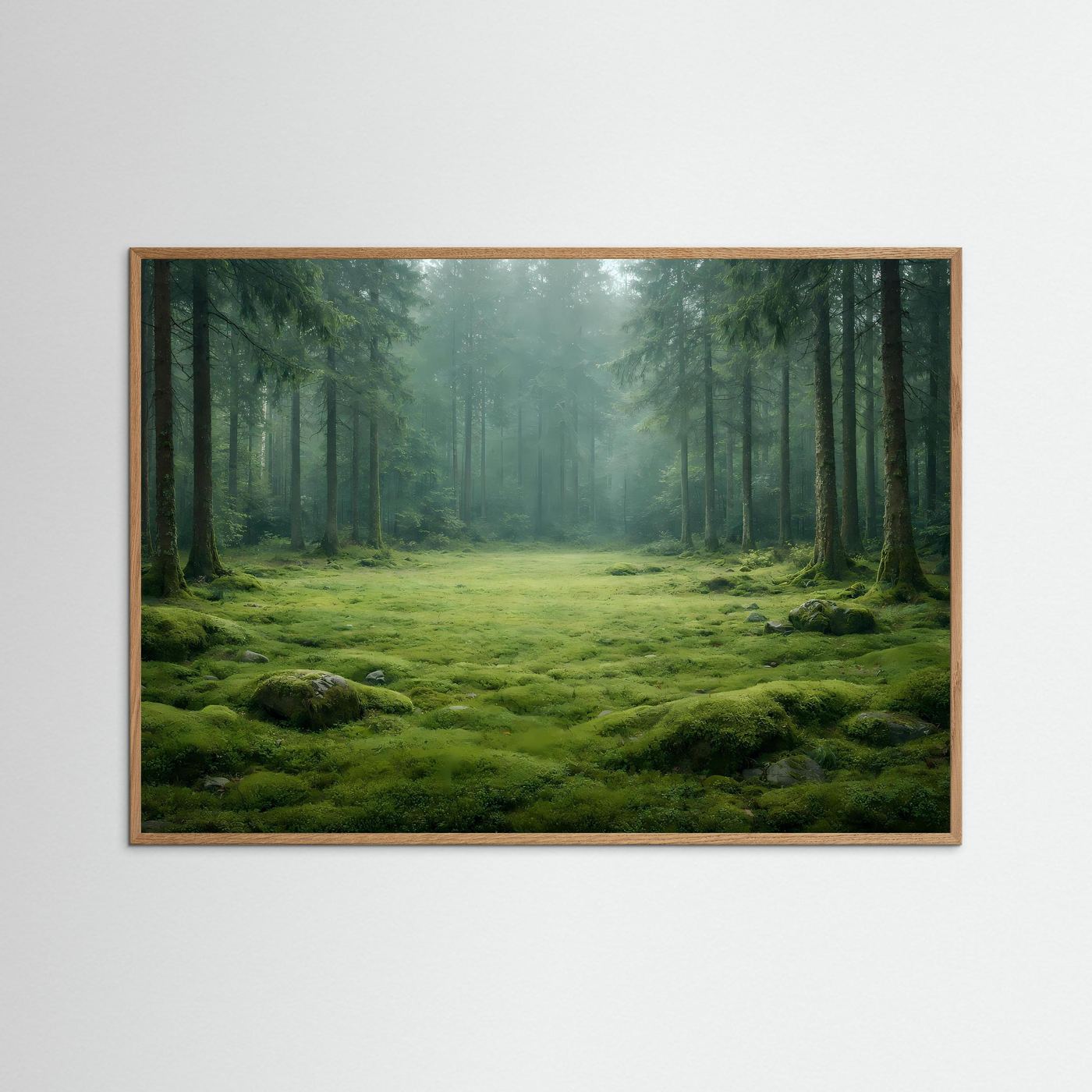 Wandbild mit hellbraunem Holzrahmen: grüner Wald mit Moosteppich und Nebellichtung.