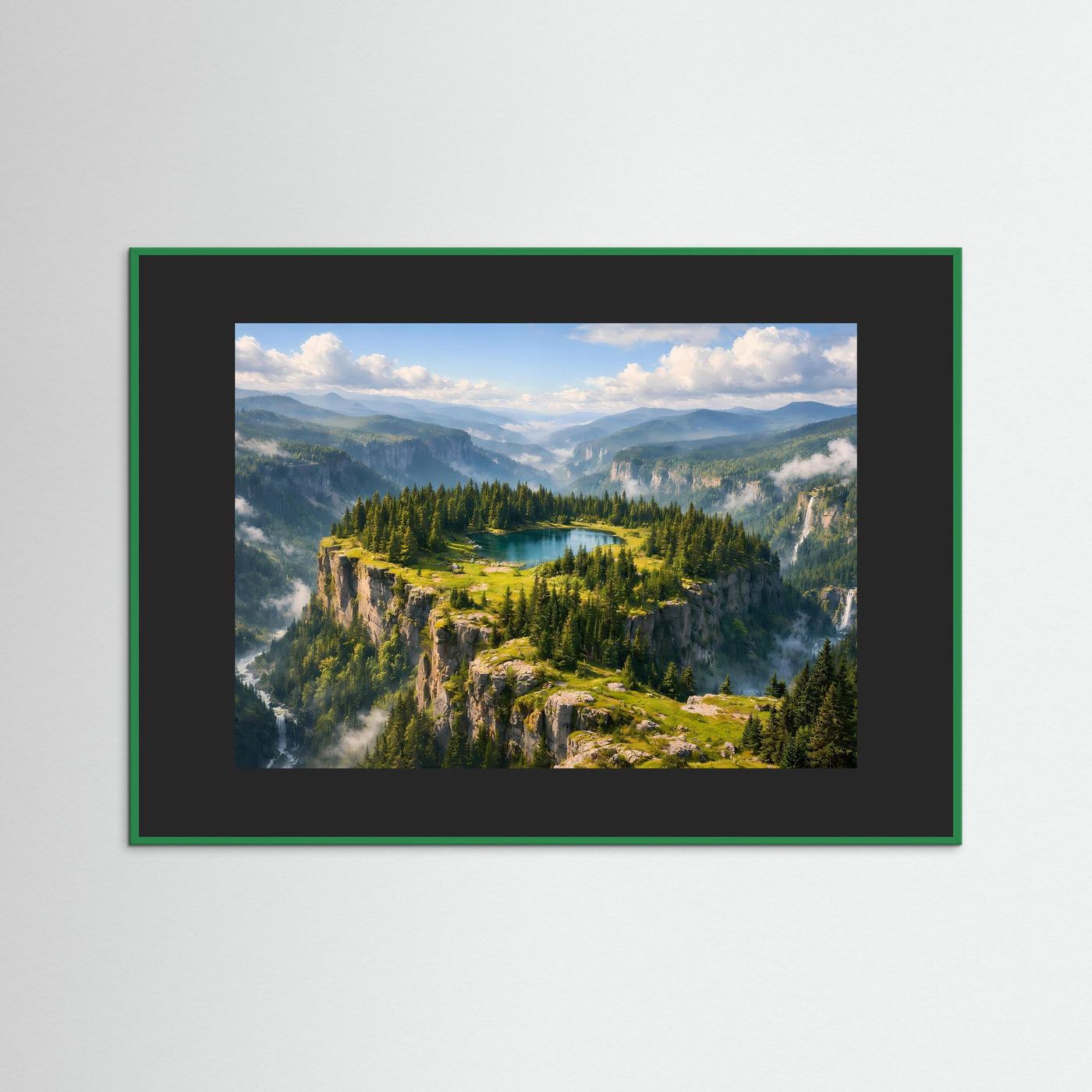Wandbild mit dunkelgrünem Holzrahmen, Bergsee-Landschaft mit Gebirgszug