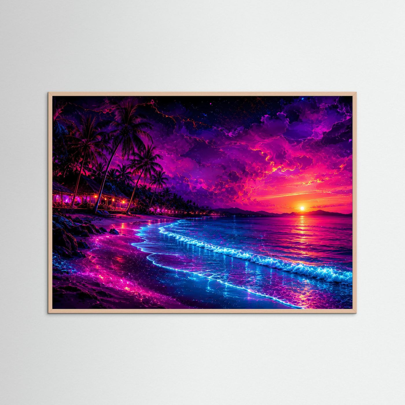 Neon Tropenparadies am Strand | Vibriendes Synthwave & Sunset Poster Querformat