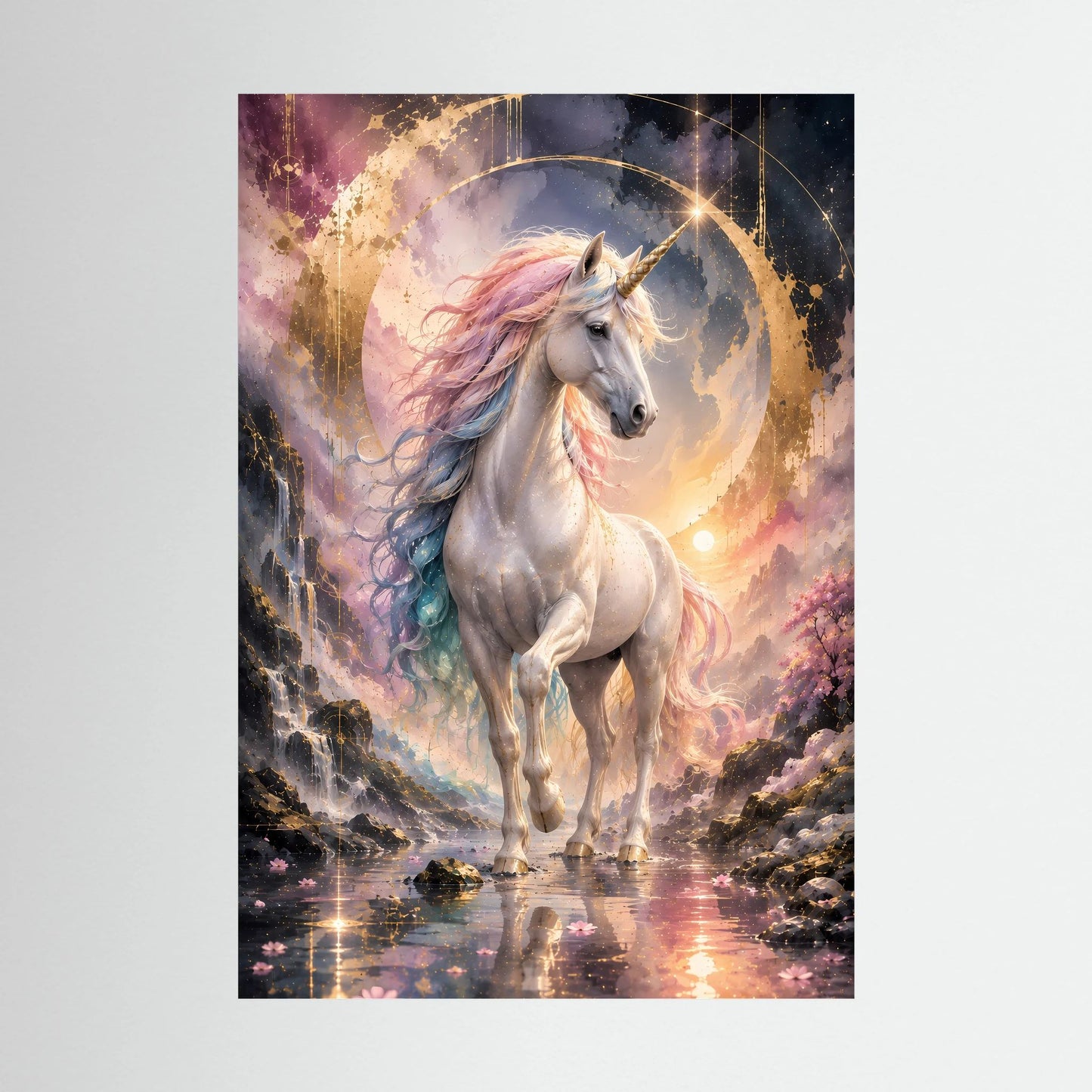 Einhorn-Poster: silbernes Pferd mit pastellfarbener Mähne und goldener Lichtaura