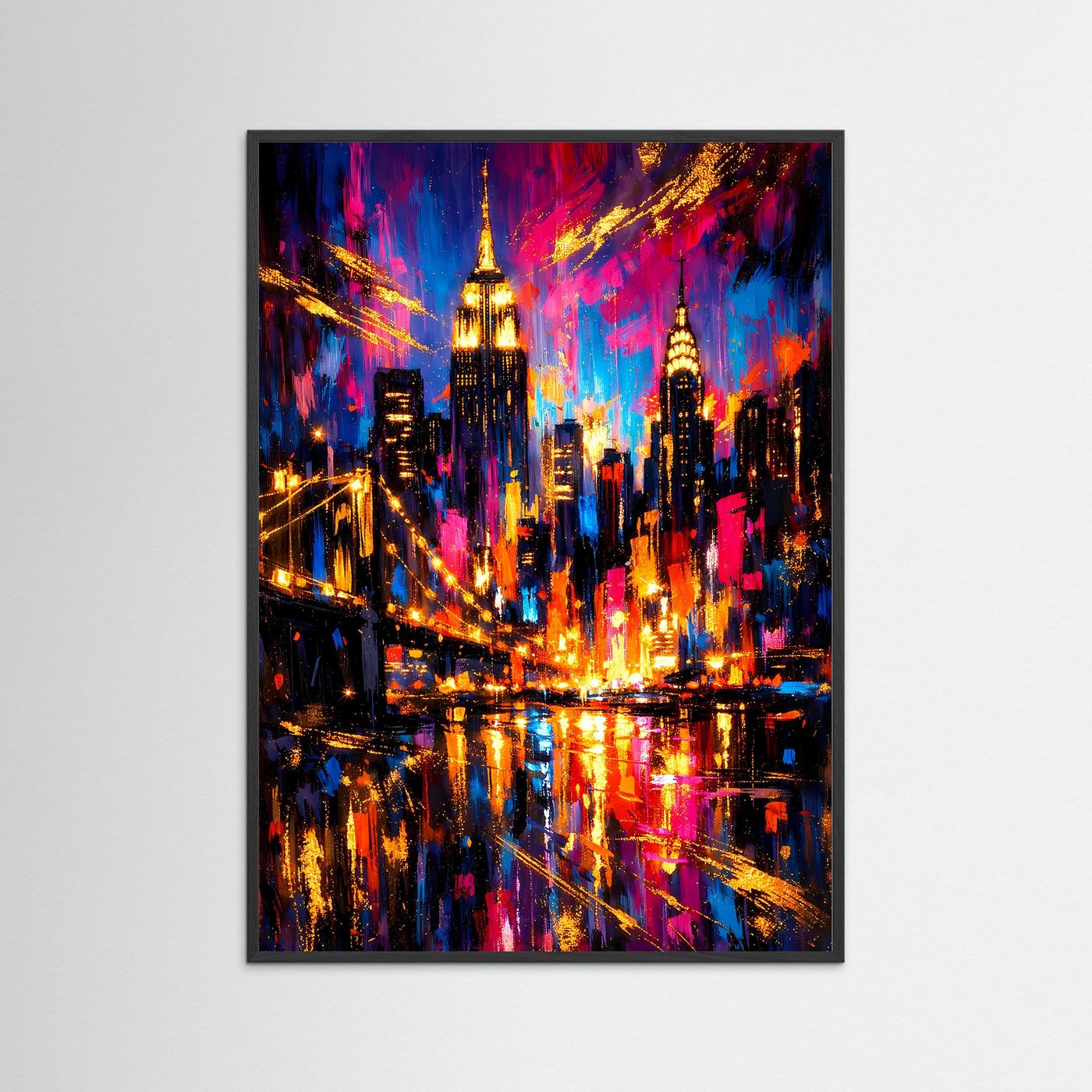 Gerahmtes Hochformat-Poster mit Neon-City-Skyline, goldenen Lichtern und pink-blauen Akzenten