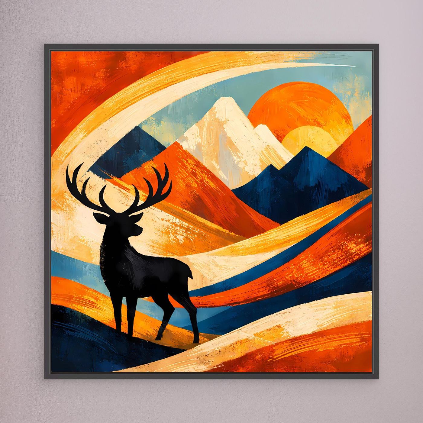 Leinwandbild mit Hirschsilhouette und Sonnenkreis, schwarz gerahmt