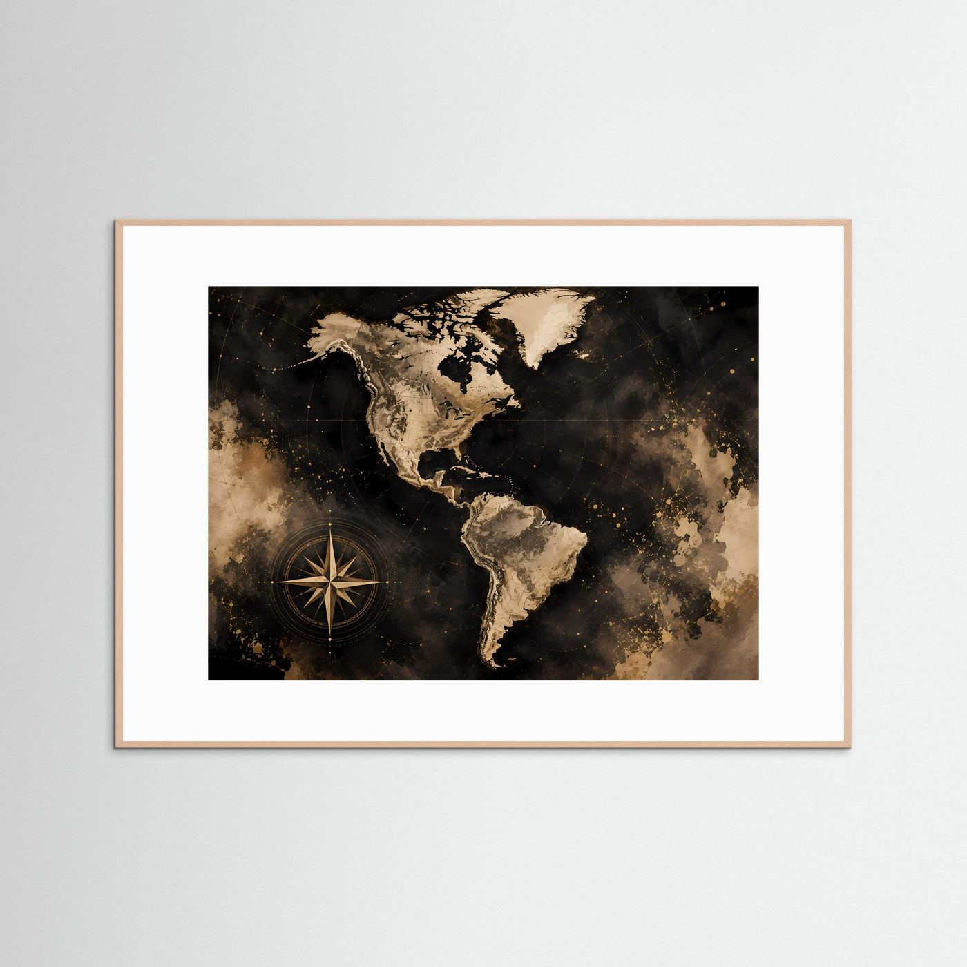 Poster Weltkarte Amerika mit Kompass, schwarz-gold, querformatig, in beigem Rahmen