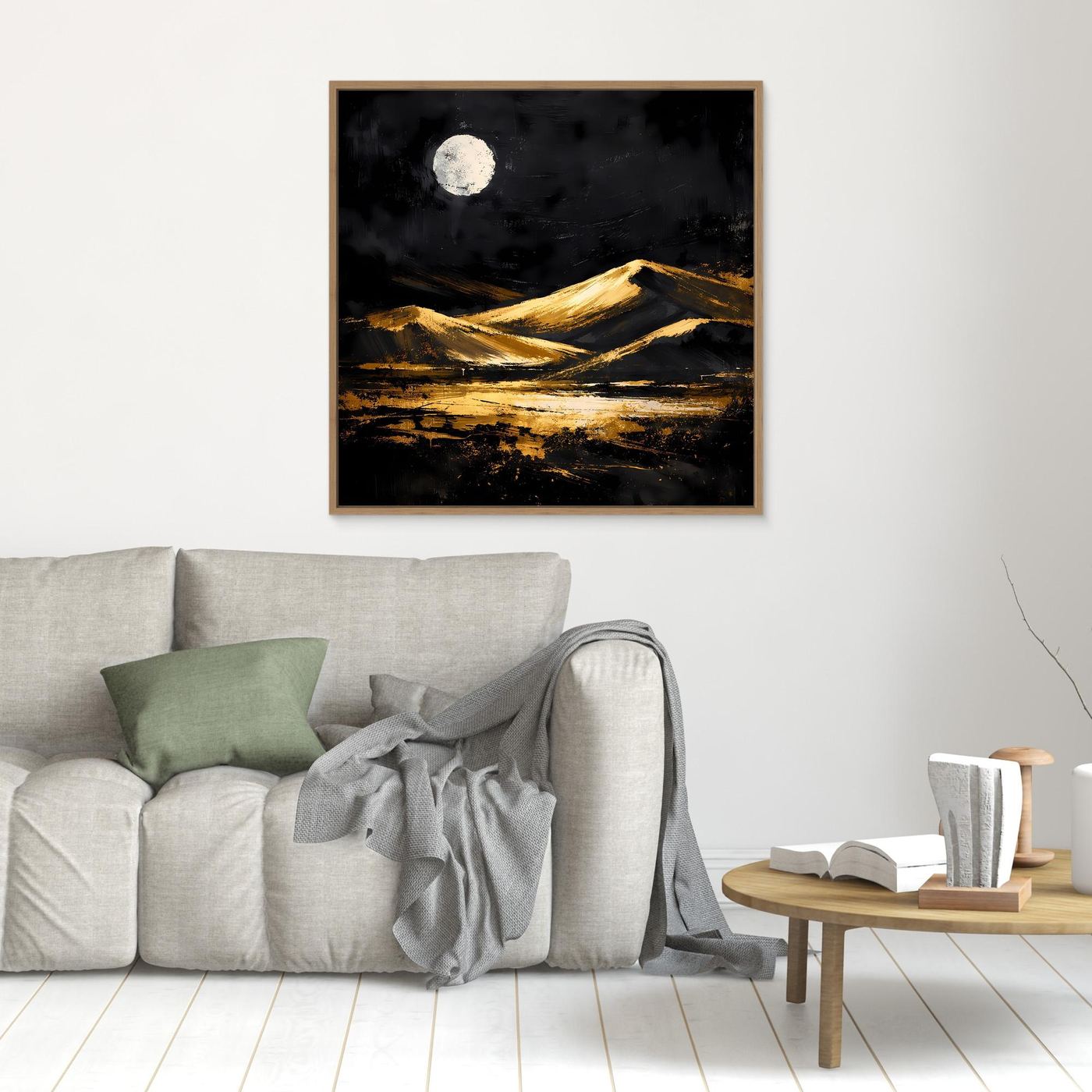 Leinwand Goldene Wüstendünen bei Vollmond | Modernes Abstraktes Landschafts Wandbild