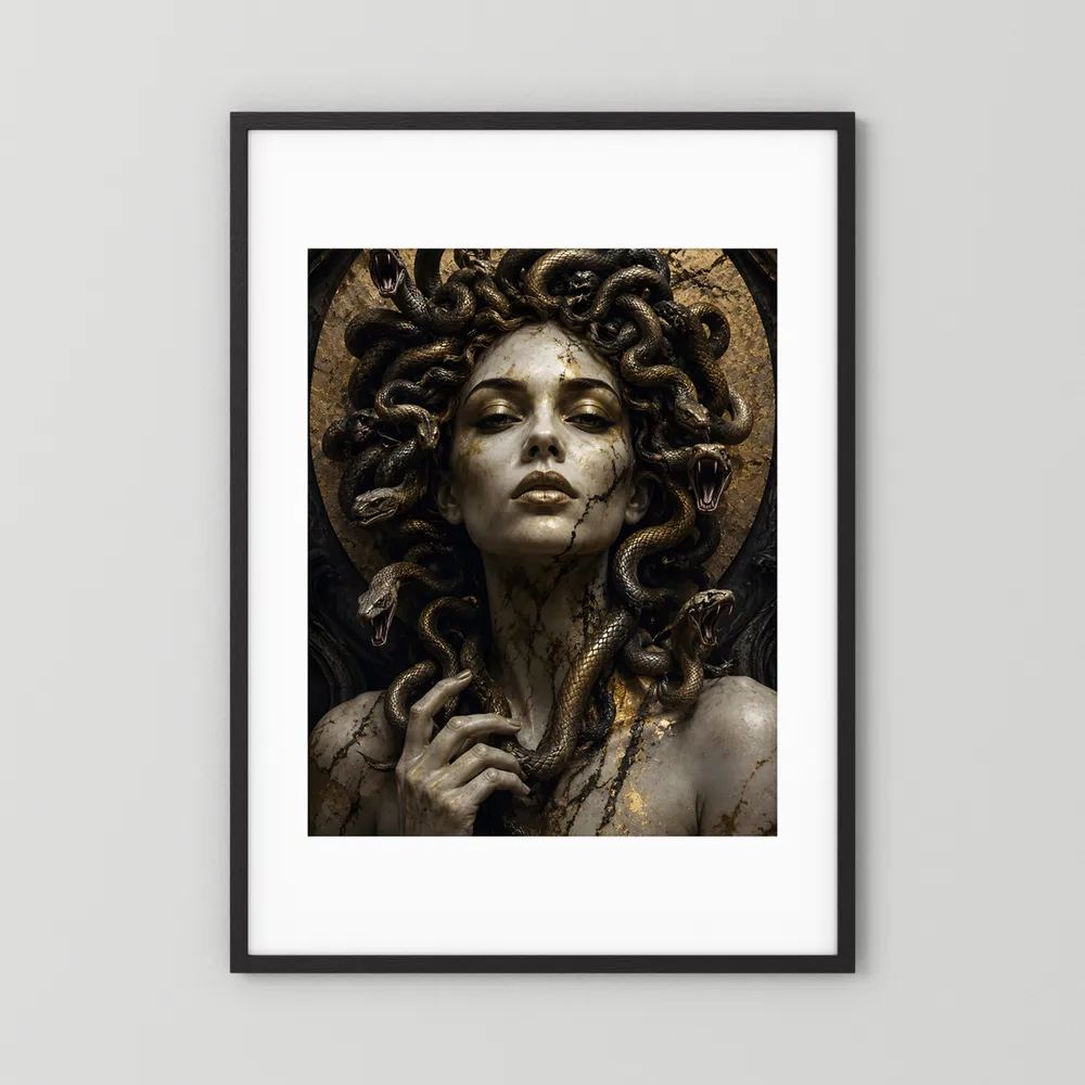 Poster der Schlangengöttin Medusa mit goldenen Schlangen, schwarzer Rahmen
