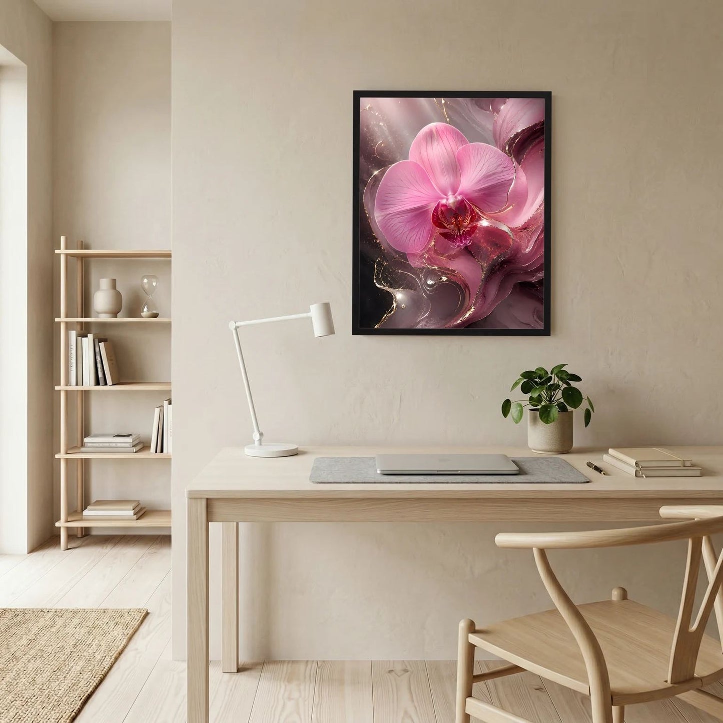 Schwarzer gerahmter Druck mit rosa Orchideenblüte und goldenen Musterakzenten