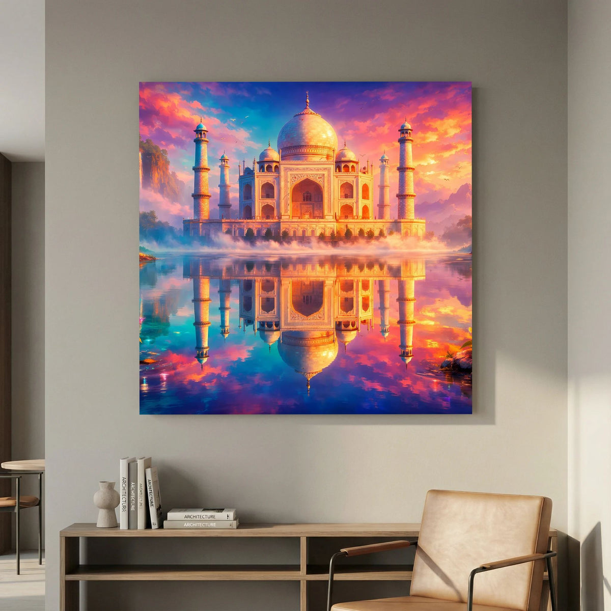 Leinwandbild mit Taj Mahal und Minaretten, farbige Wolken und Reflexion