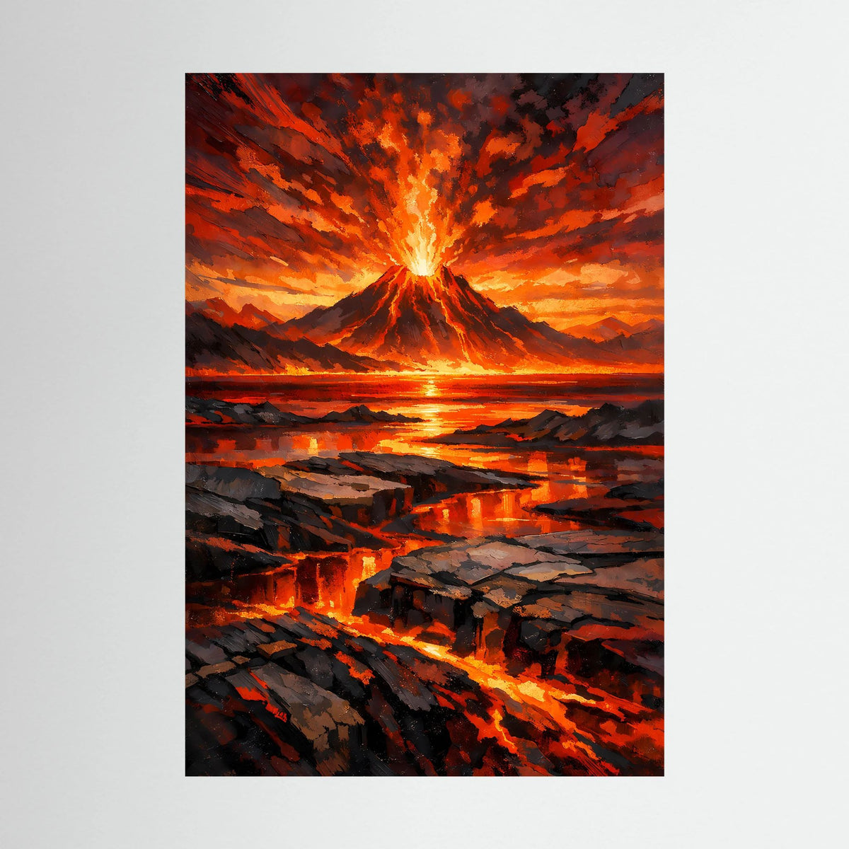 Poster im Hochformat: glühende Lava, eruptierender Vulkan und dunkle Felsen im Sonnenlicht