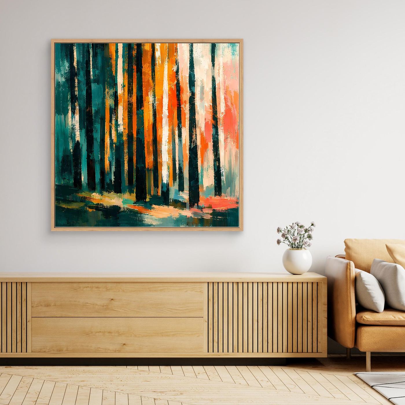 Leinwand-Wandbild mit abstraktem Birkenwald im Herbst, goldbrauner Rahmen