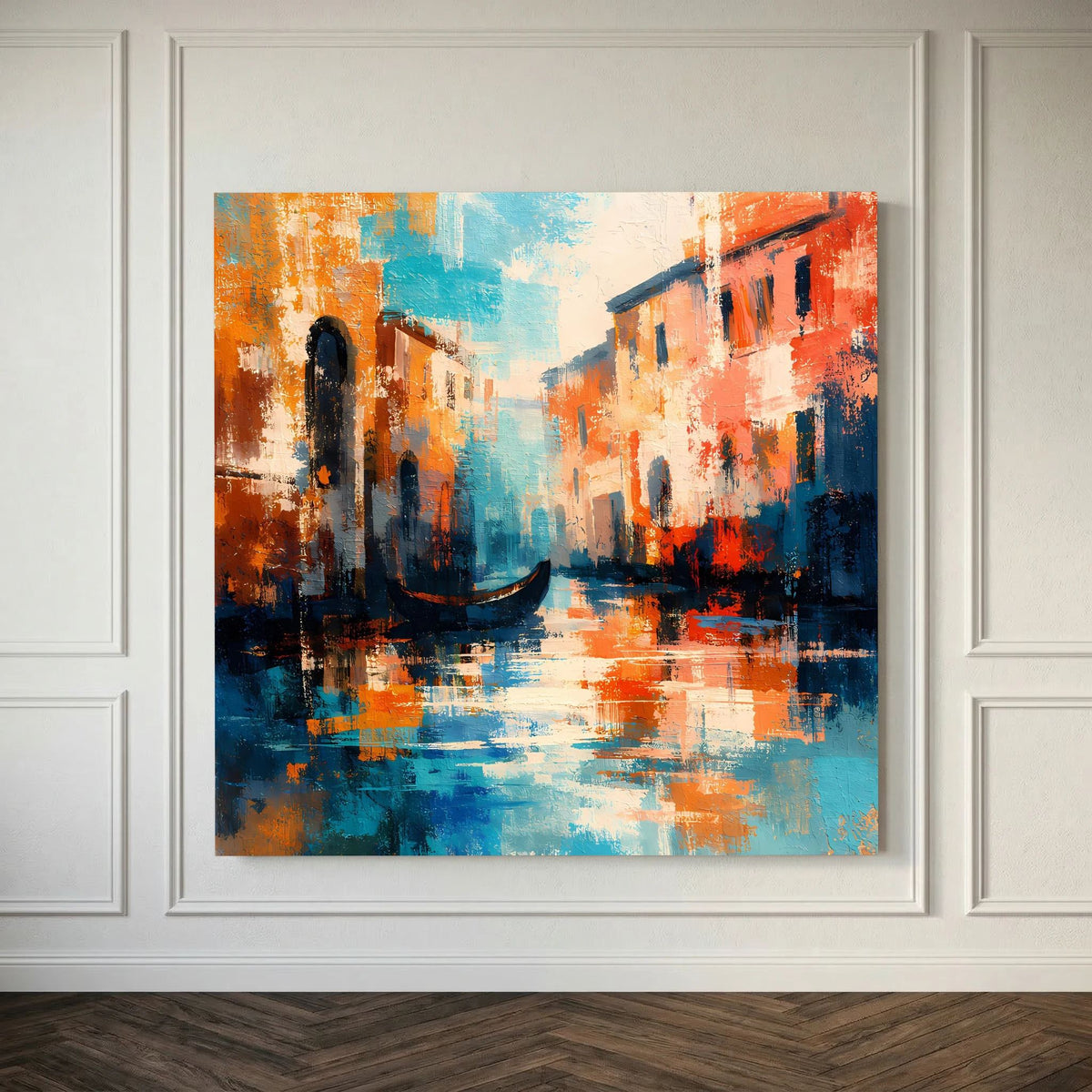 Abstraktes Leinwand-Wandbild im Zierrahmen, venezianischer Kanal mit Gondel, orange-blau