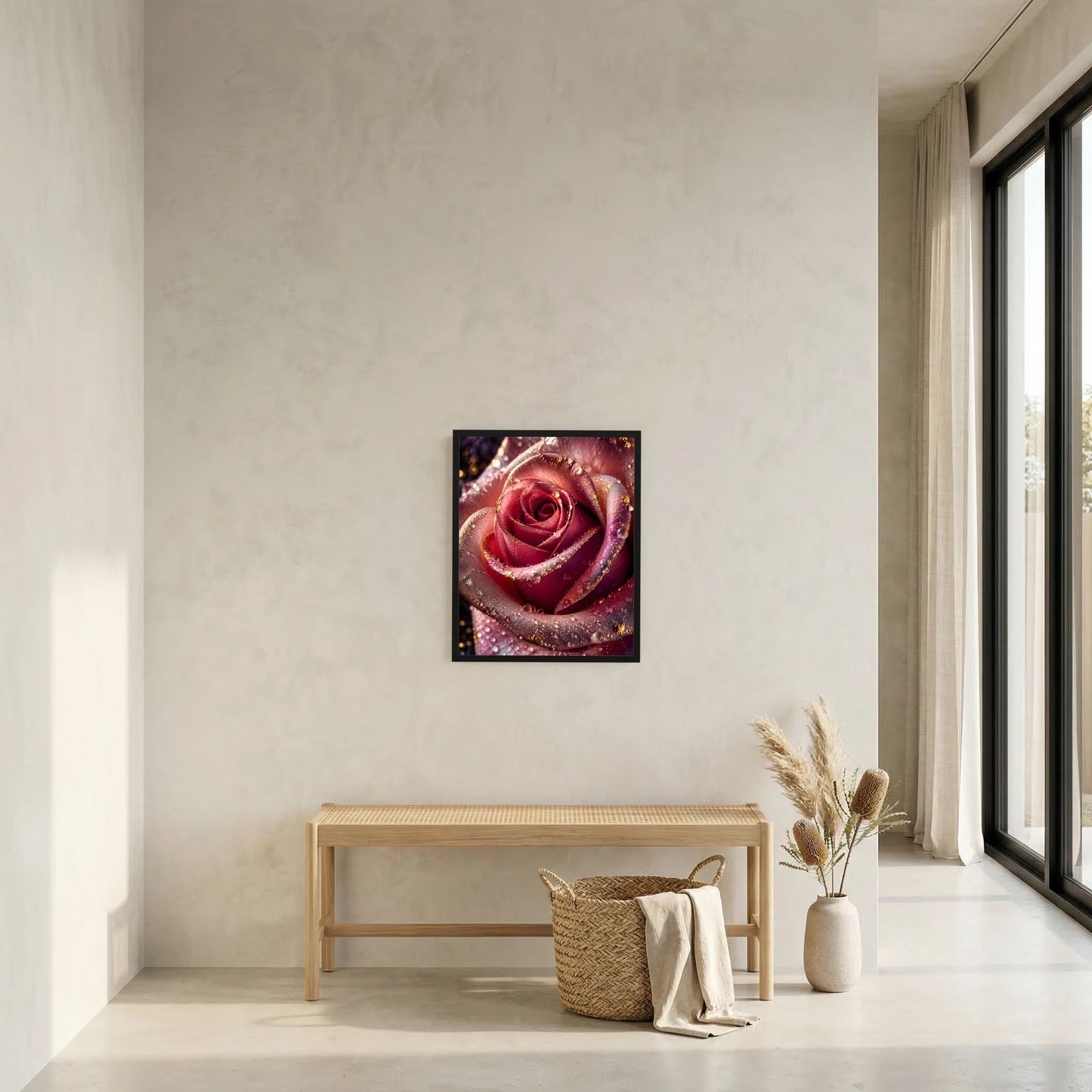 Wandposter mit dunkelrosa Rose, Wassertropfen und goldenen Akzenten
