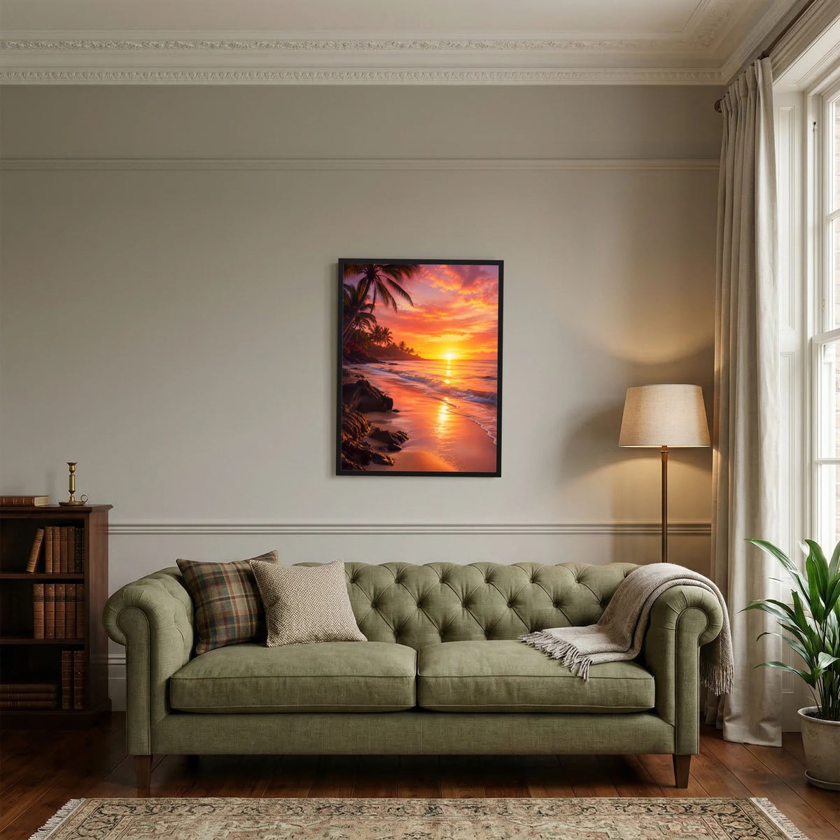 Poster im Hochformat mit Sonnenuntergang am tropischen Strand, Palmen und Meer, schwarz gerahmt
