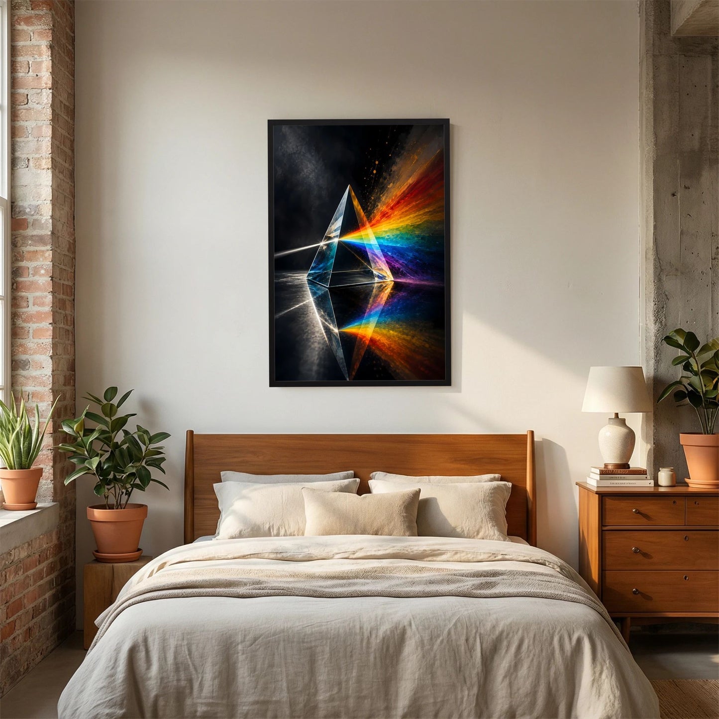Poster im schwarzen Rahmen mit Regenbogen-Lichtspektrum über dem Bett
