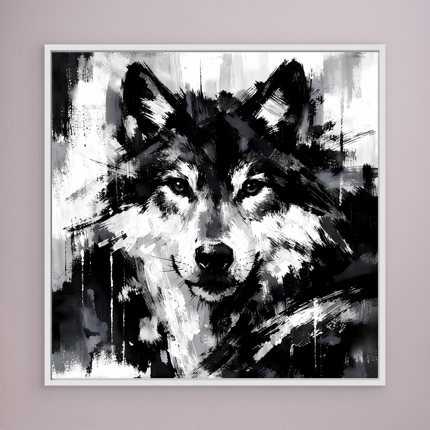 Wolf-Wandbild (Leinwand) in Schwarzweiß, mit hellem grauem Rahmen