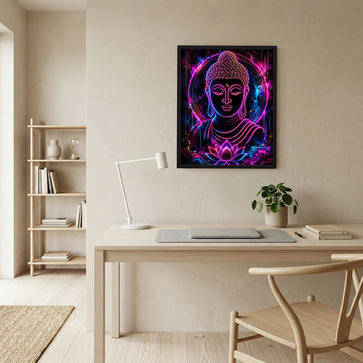 Neon-Buddha im Lotus als gerahmtes Bild an der Wand, leuchtende Pink- und Blau-Töne.