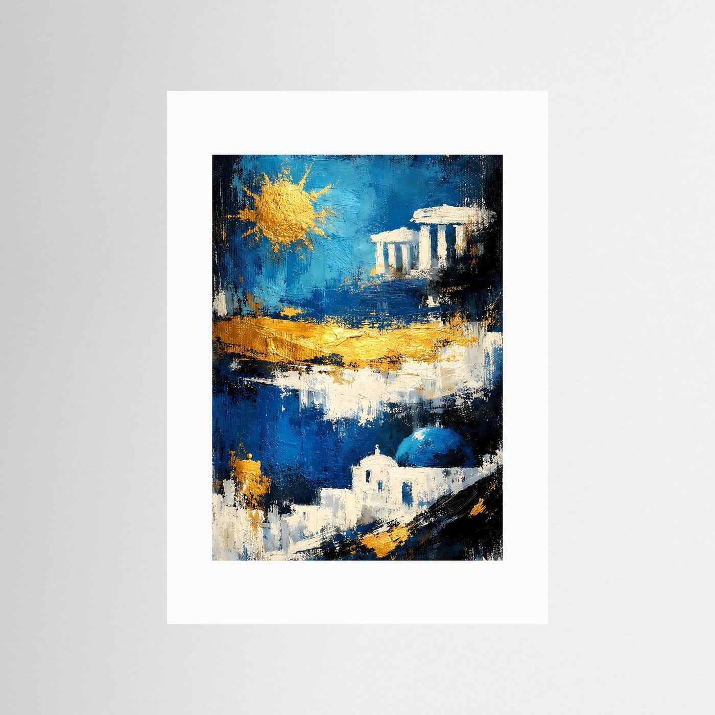 Abstraktes Griechenland-Poster im Weißrahmen mit blauem Motiv, goldener Sonne und weißen Säulen.