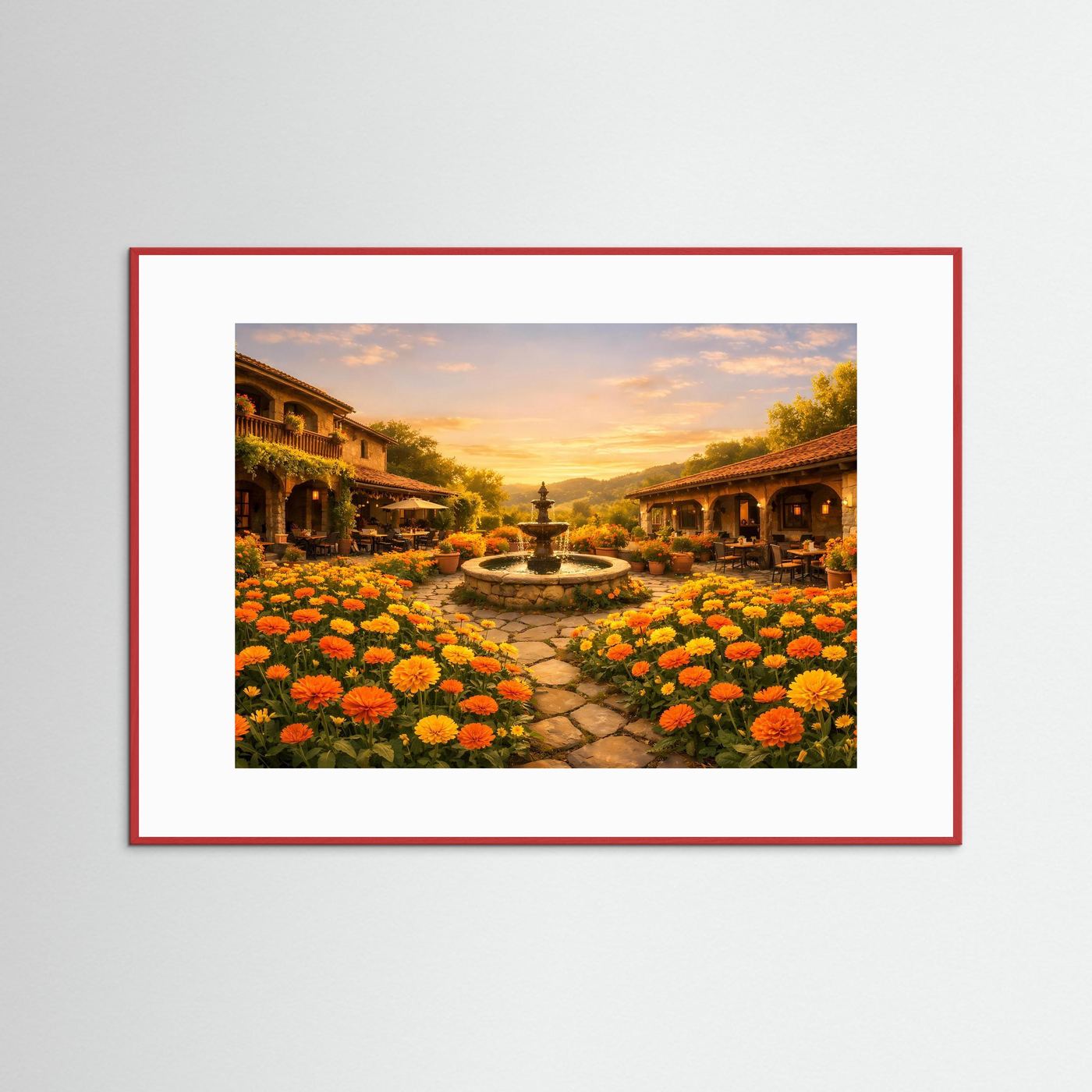 Wandbild mit rotem Rahmen und weißem Passepartout: Innenhof mit Brunnen und Blumen