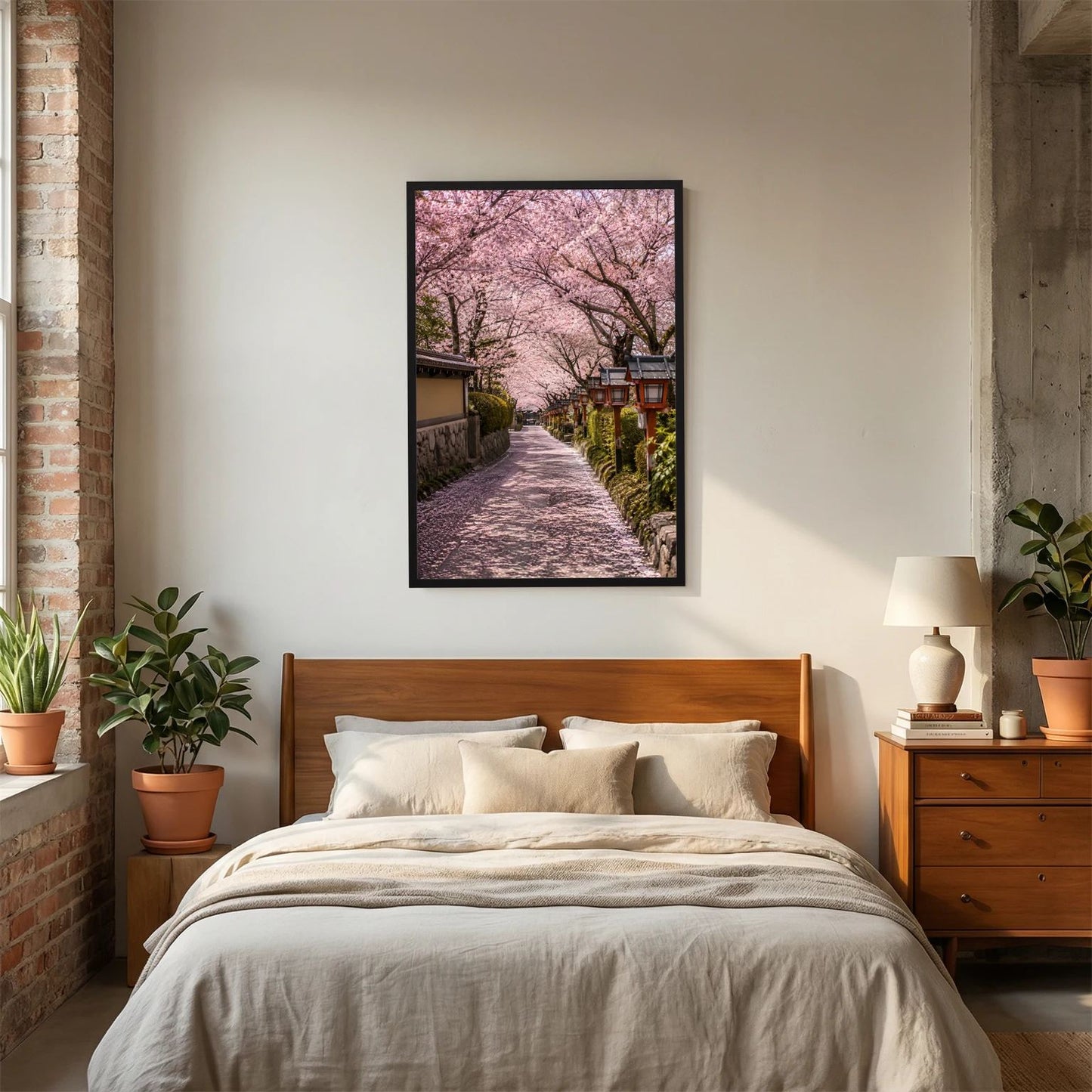 Wandposter im Hochformat mit schwarzem Rahmen, rosa Kirschblüten über dem Weg mit Laternen