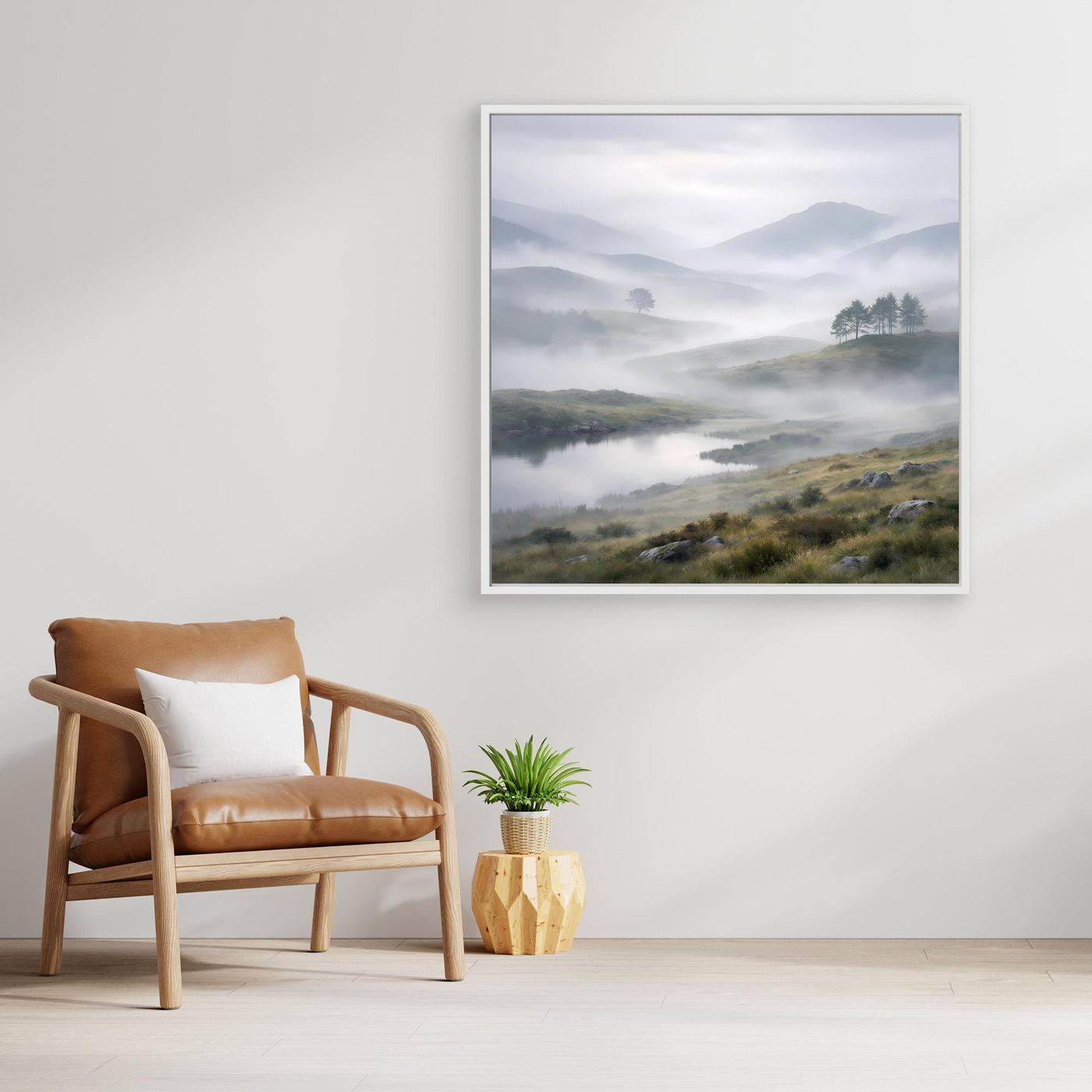 Leinwandbild mit Bergsee im Nebel in weißem Rahmen