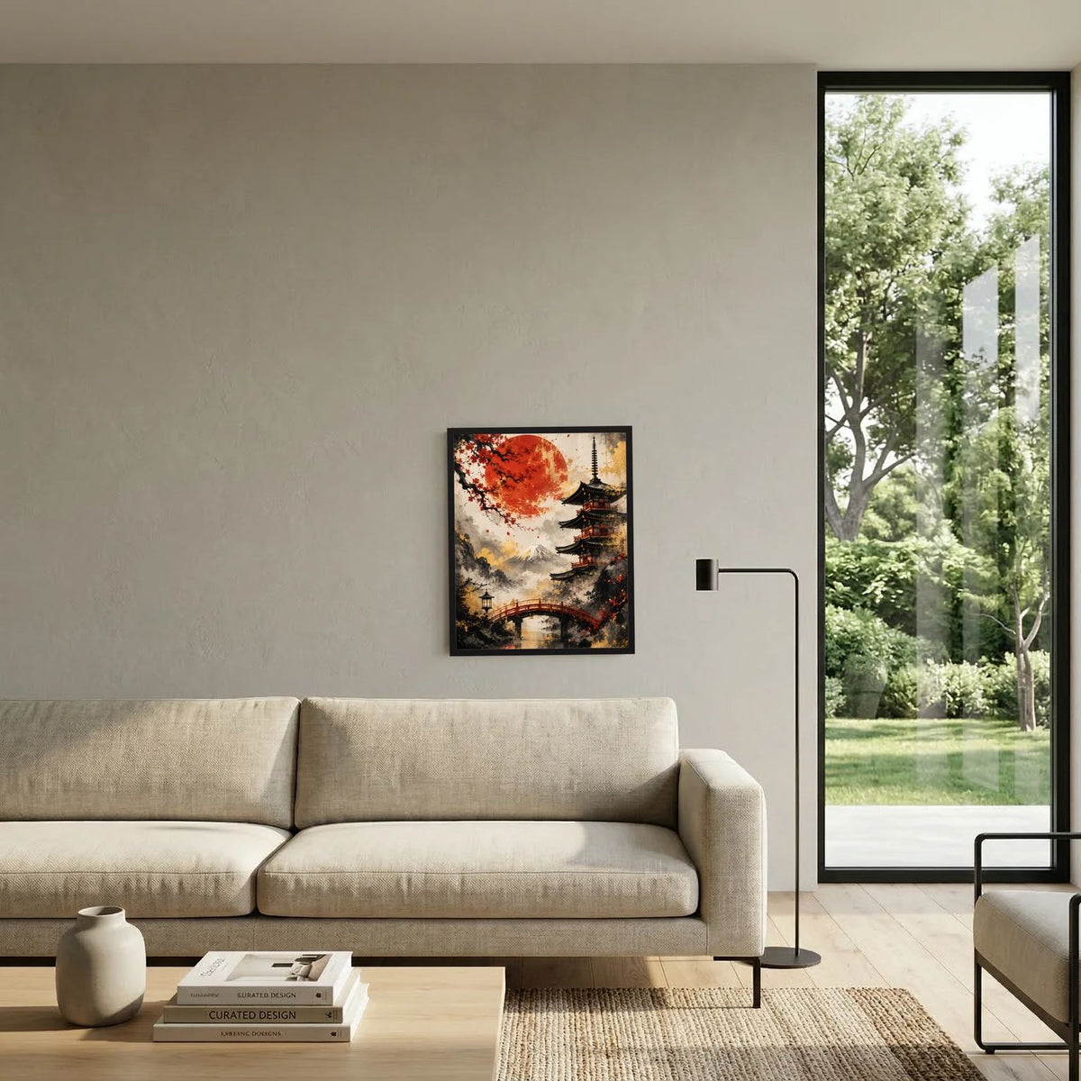 Wandbild im schwarzen Rahmen: Pagode mit roter Sonne und Kirschblütenblättern