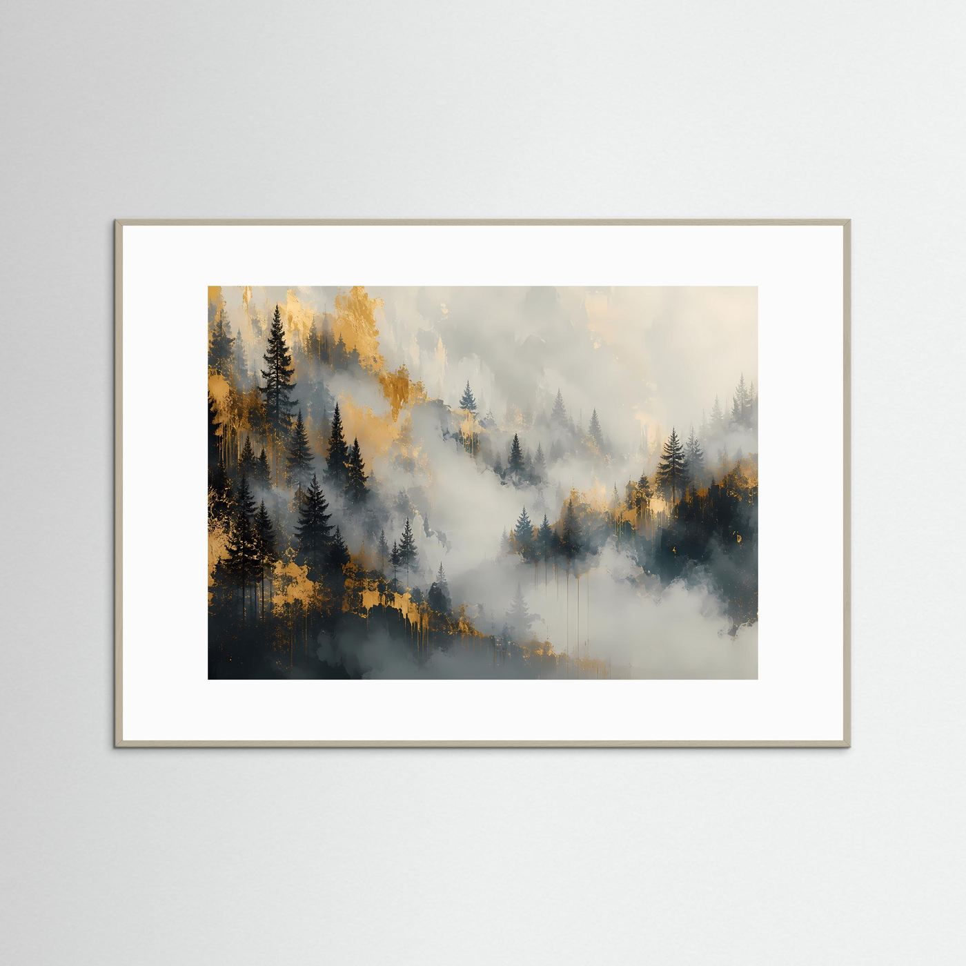 Nebelwald Poster | Mystischer Wald mit Gold | Abstrakte Landschaft Wandkunst | Elegantes Modernes Natur Wandbild