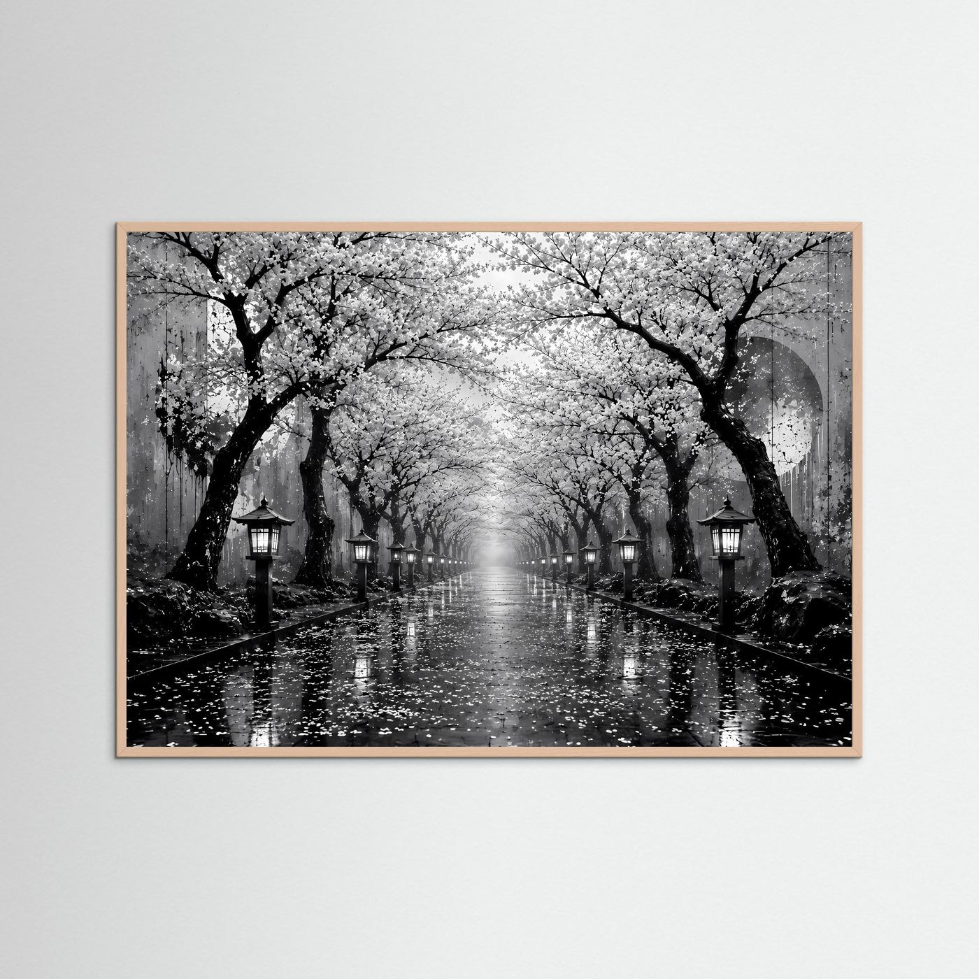 Kirschblütenallee Schwarz-Weiß | Japanisches Wandbild mit Laternen im Regen