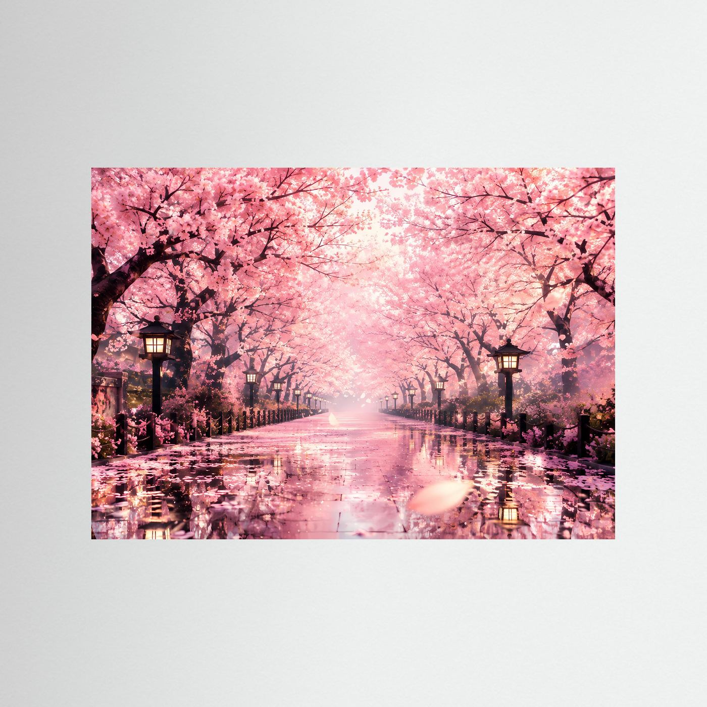 Poster mit Kirschblütenallee: rosa Blüten über einer spiegelnden Straße im Dämmerlicht