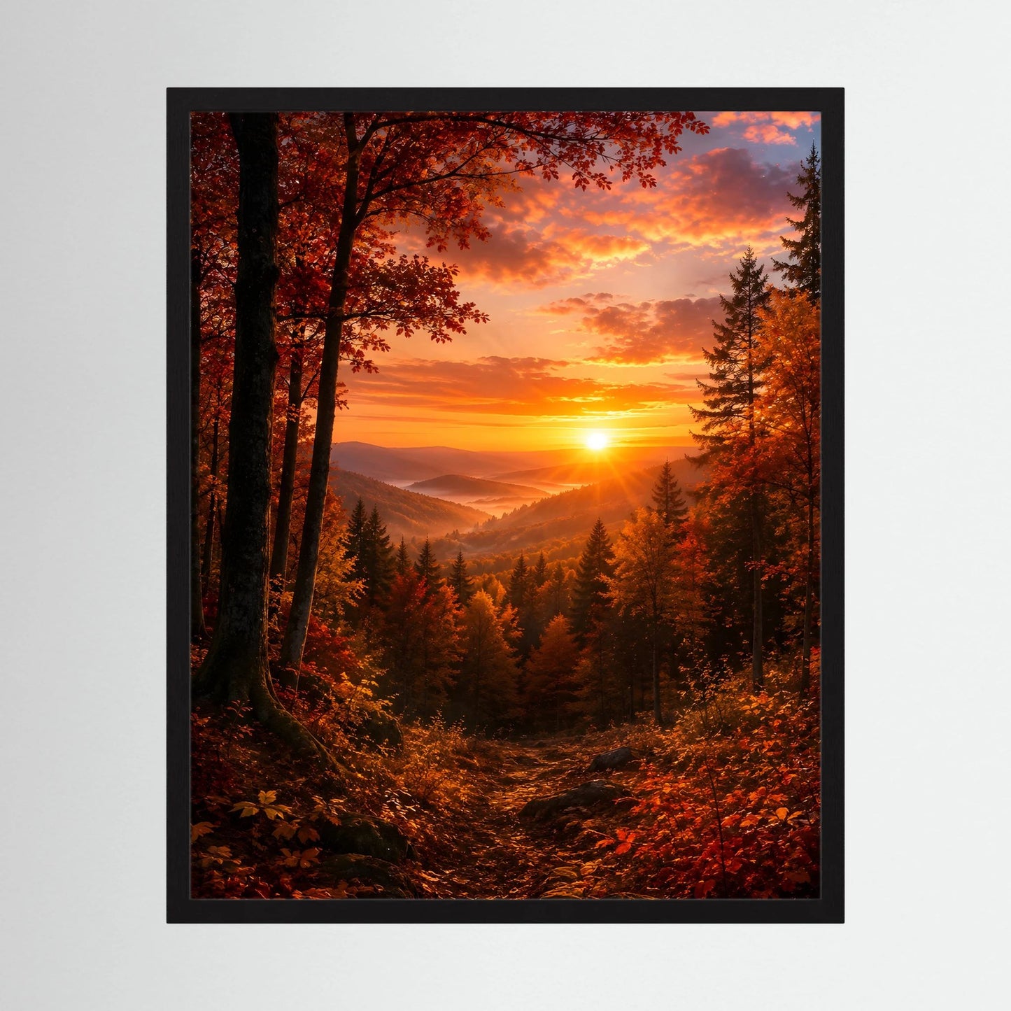 Hochformatiges Kunstposter Herbstlandschaft mit Sonne im Zentrum, orangefarbene Stimmung, schwarzer Rahmen
