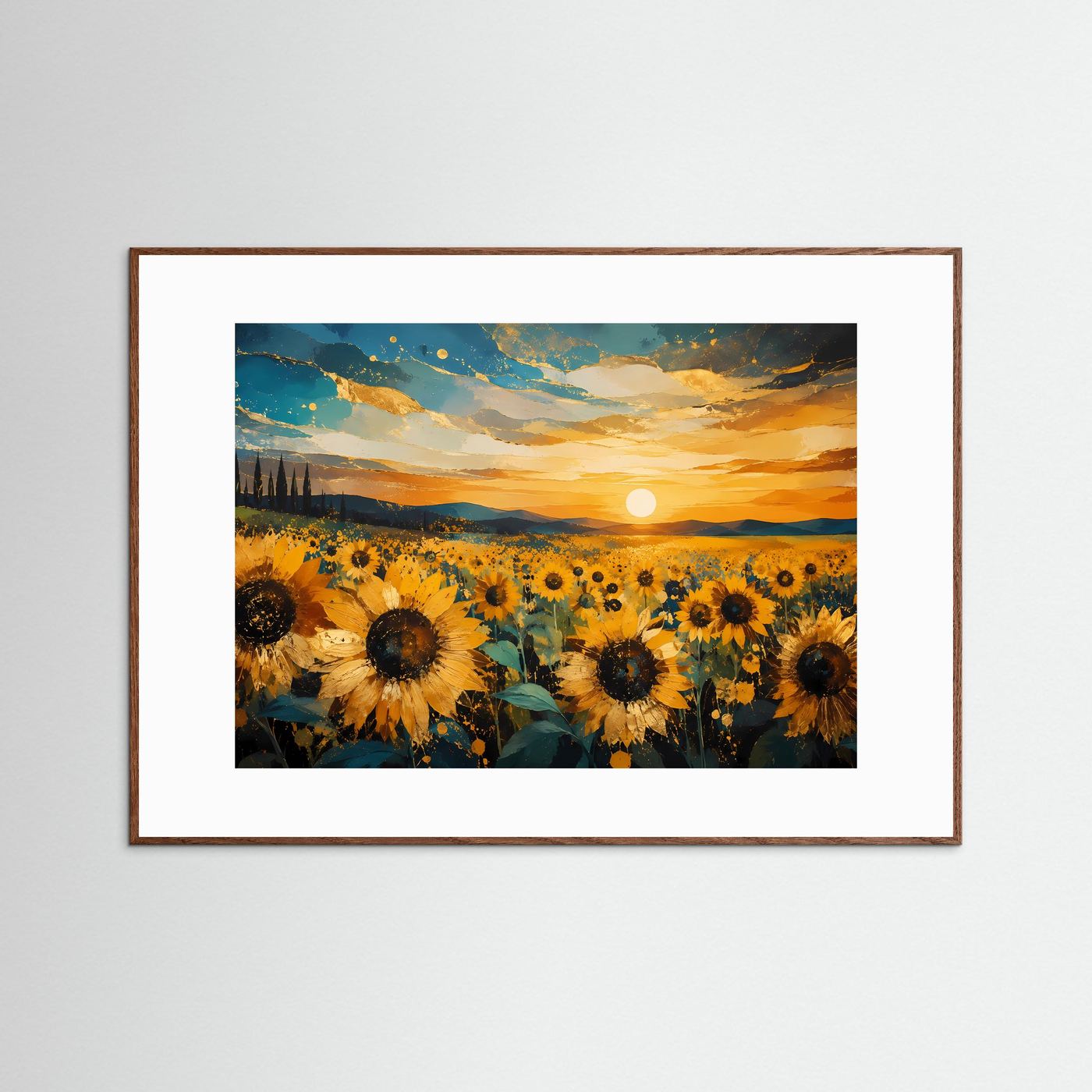 Goldener Sonnenuntergang im Sonnenblumenfeld | Panoramabild & Natur-Poster Querformat