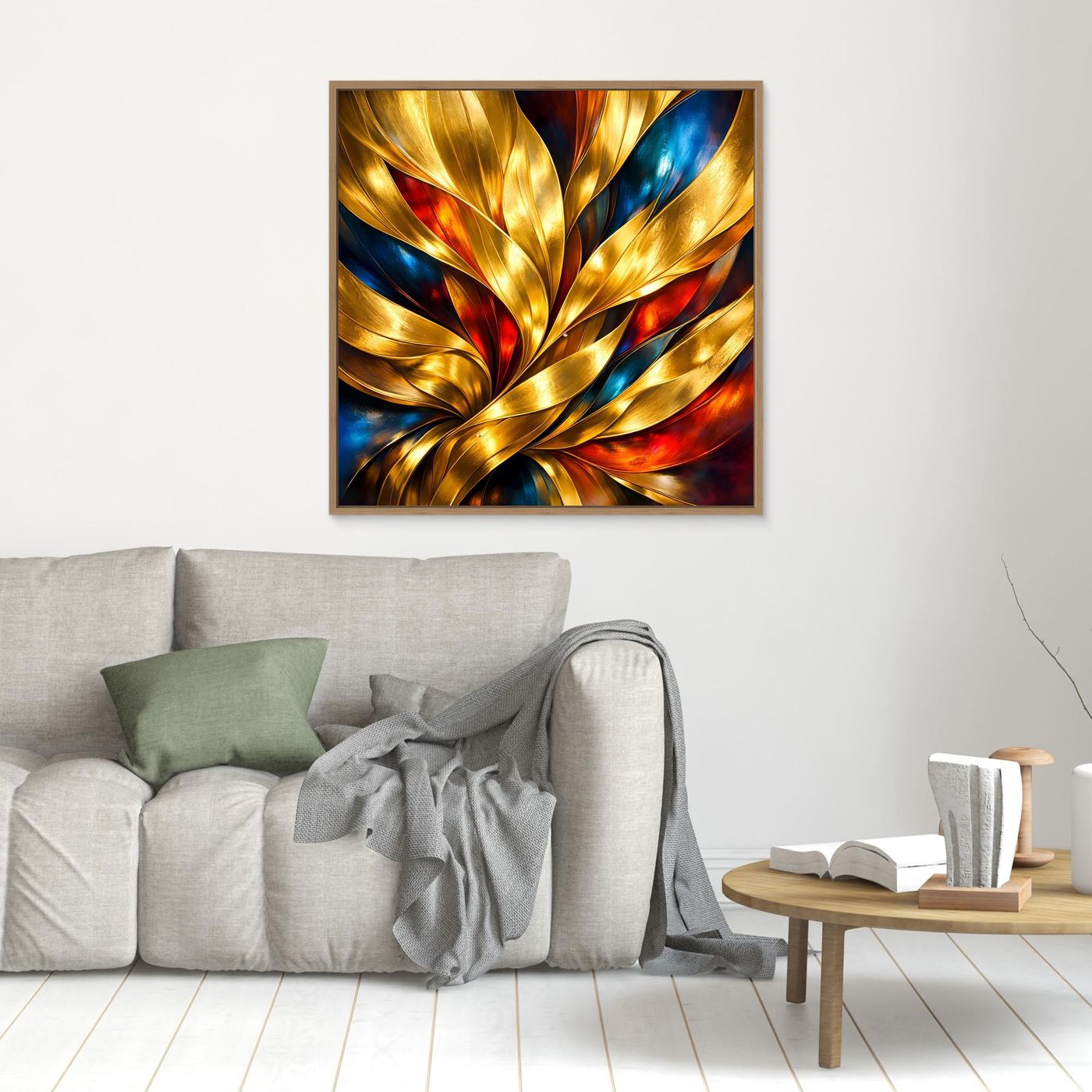 Kleines Leinwandbild mit abstrakten Goldwellen, blau und rot, brauner Rahmen