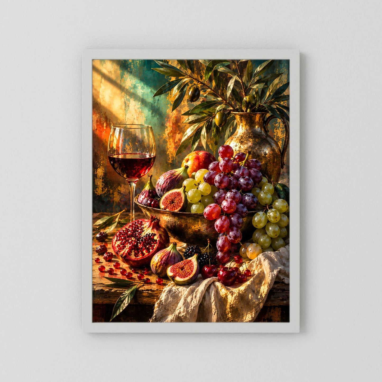 Stillleben-Poster mit Weinglas und Trauben, Feigen & Granatapfel ohne schwarzen Rahmen