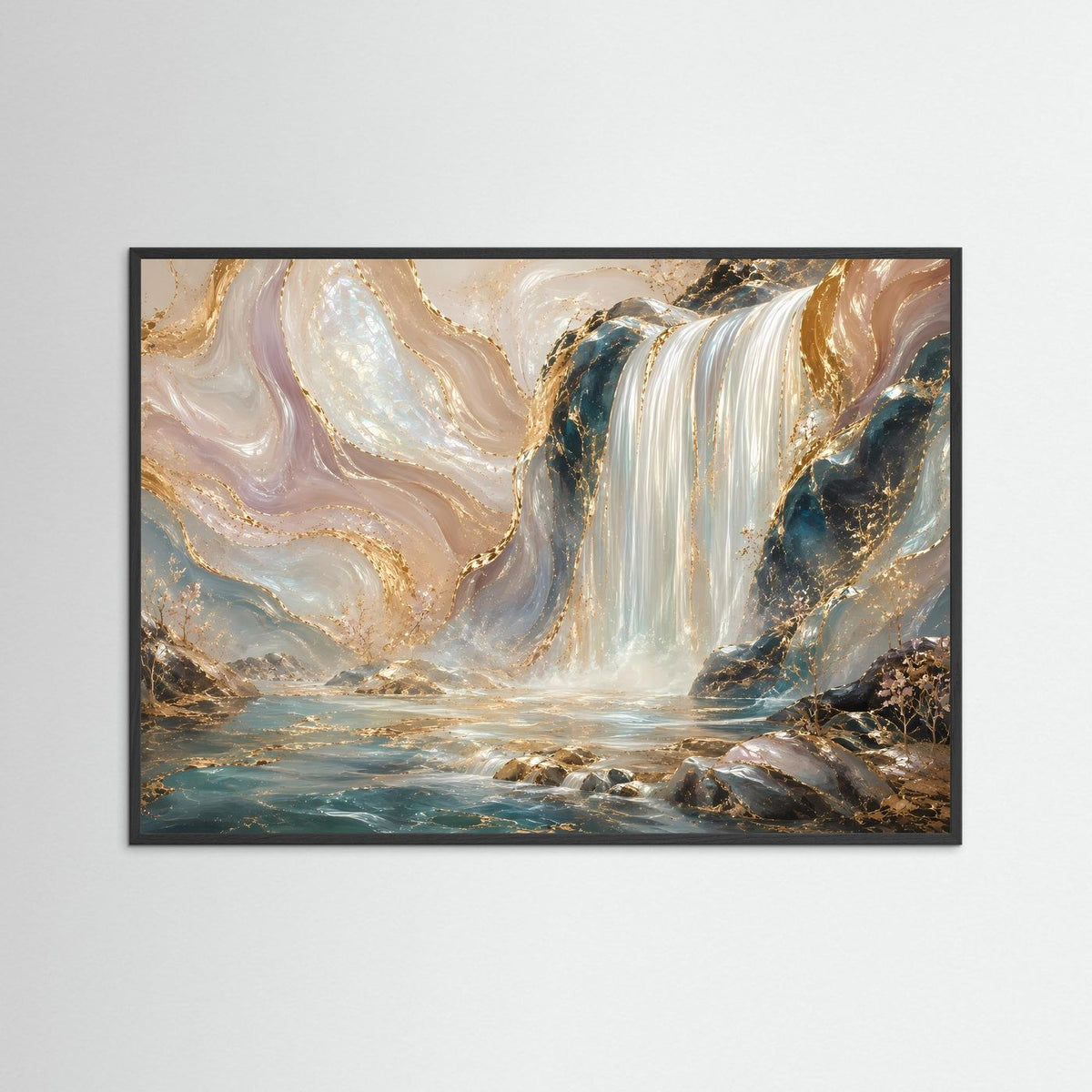 Poster mit abstraktem Wasserfall im schwarzem Rahmen, creme-gold und türkis