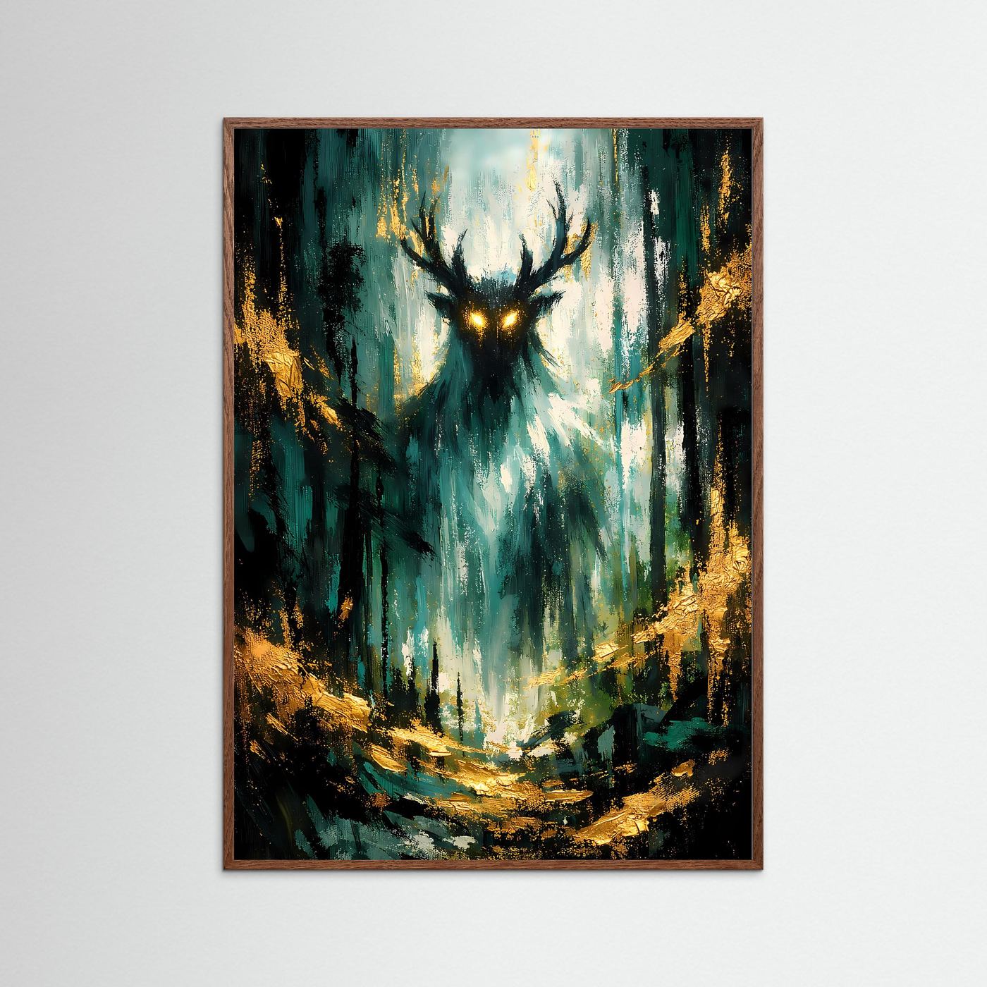 Waldgeist-Poster im hellbraunen Holzrahmen, leuchtender Hirschkopf in Gold und Smaragdgrün