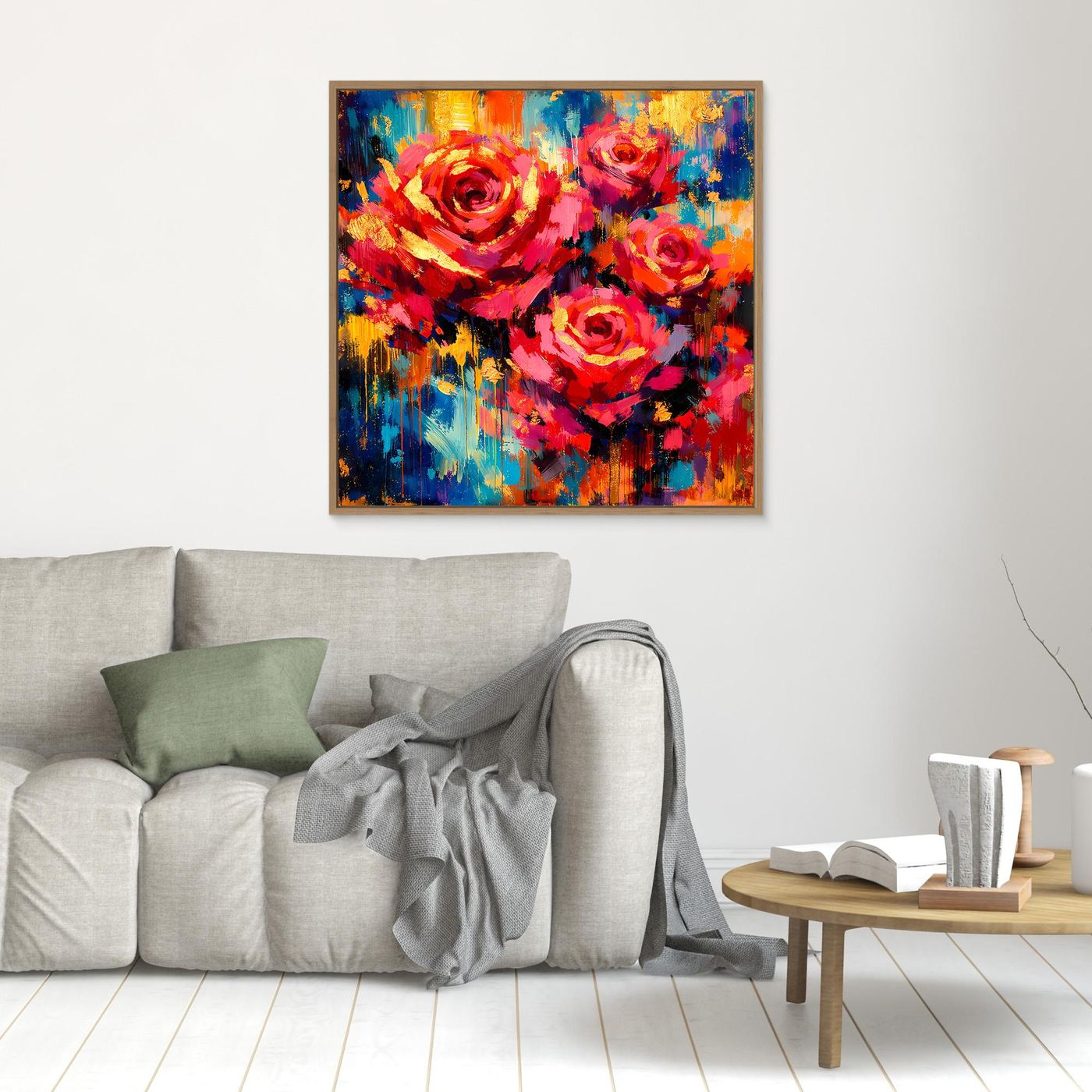 Leinwandbild mit abstrakten Rosen in Rot, Gelb und Blau, mit Holzrahmen