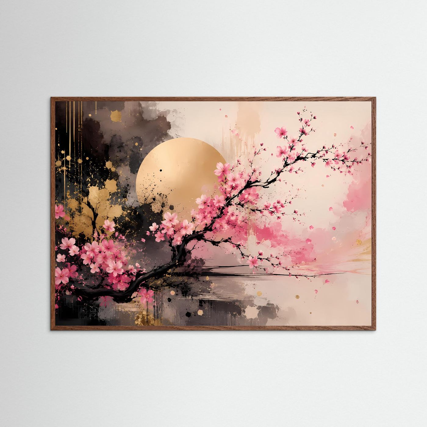 Kirschblüten Poster | Japanische Sakura Wandkunst | Moderne Abstrakte Zen Kunst mit Gold | Elegantes Wandbild