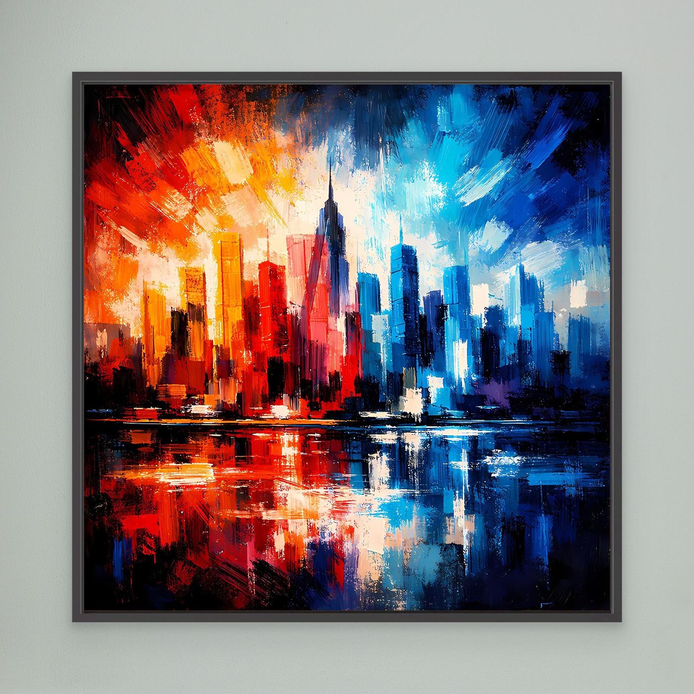 Leinwandbild mit abstrakter Skyline, rotes und blaues Stadtbild im schwarzen Rahmen