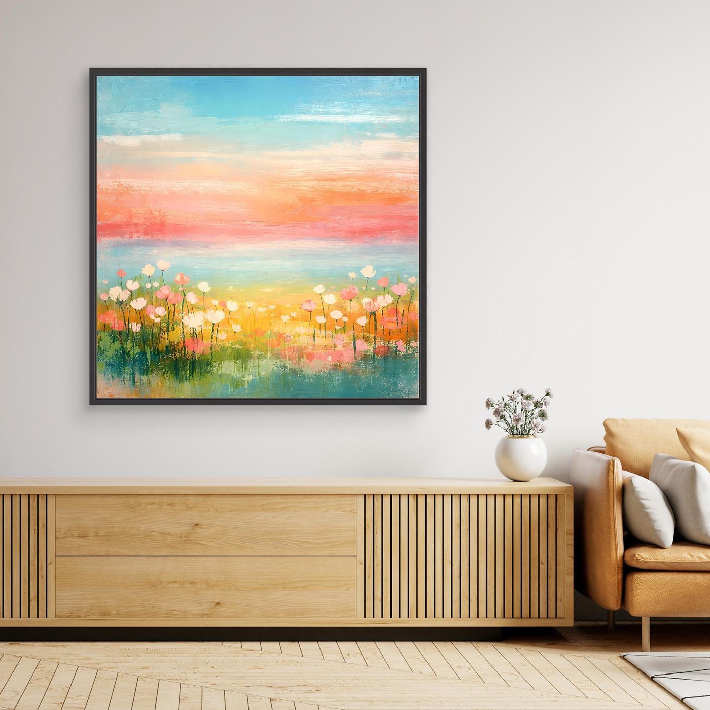 Leinwand-Wandbild mit abstrakter Blumenwiese am Meer, pastellfarben, schwarzem Rahmen