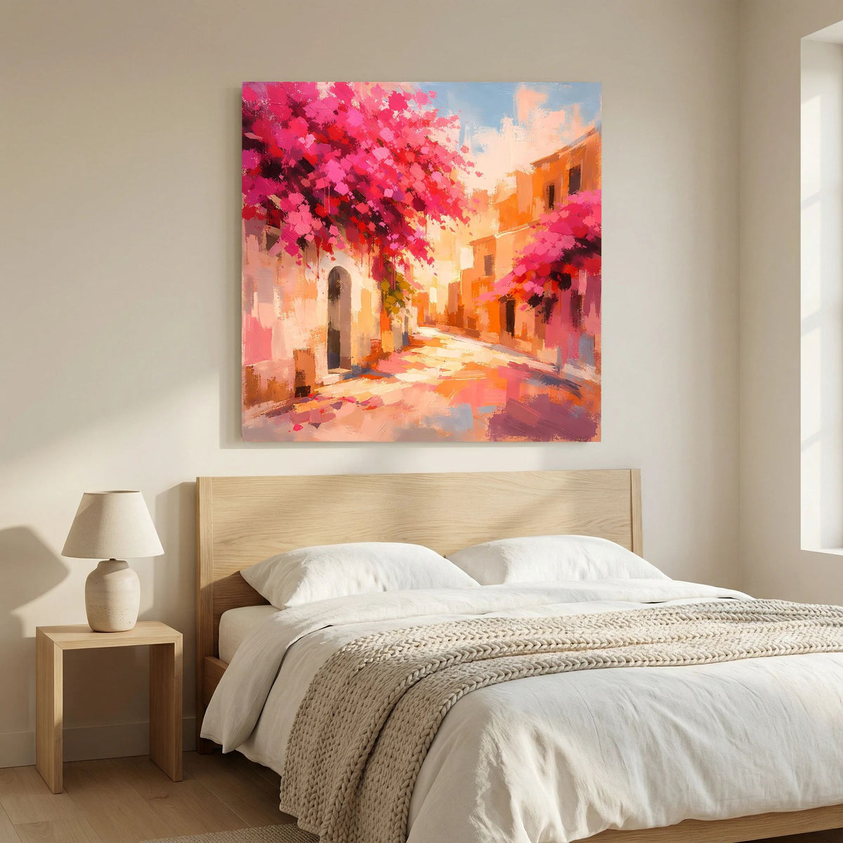 Leinwandbild: Gasse mit rosa Blütenüberdachung, warmen Orange-Tönen und hellem Himmel