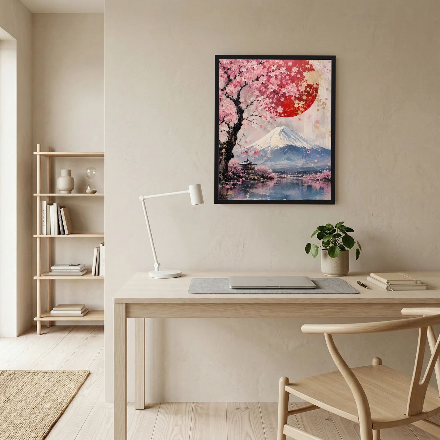 Poster im schwarzen Rahmen mit Kirschblütenbaum, Fuji, roter Sonne und Pagode