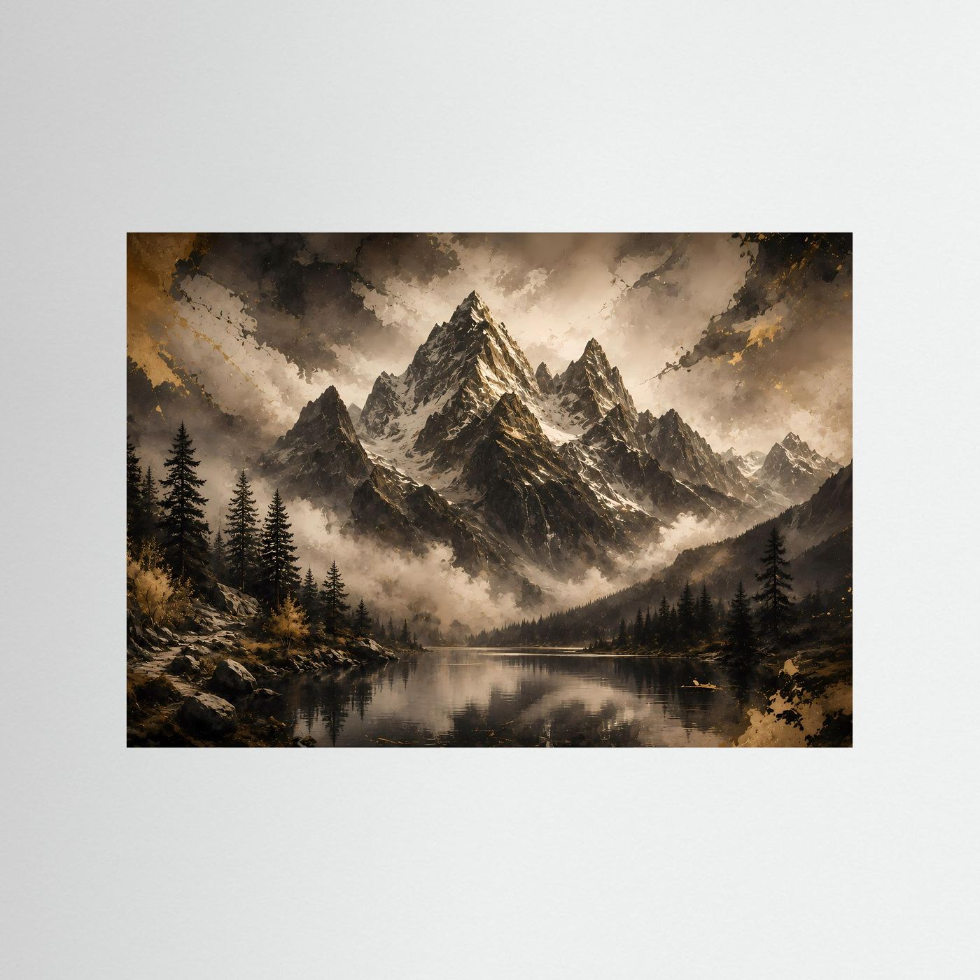 Postermotiv mit Bergpanorama, See und Nebel, schwarzer Rahmen