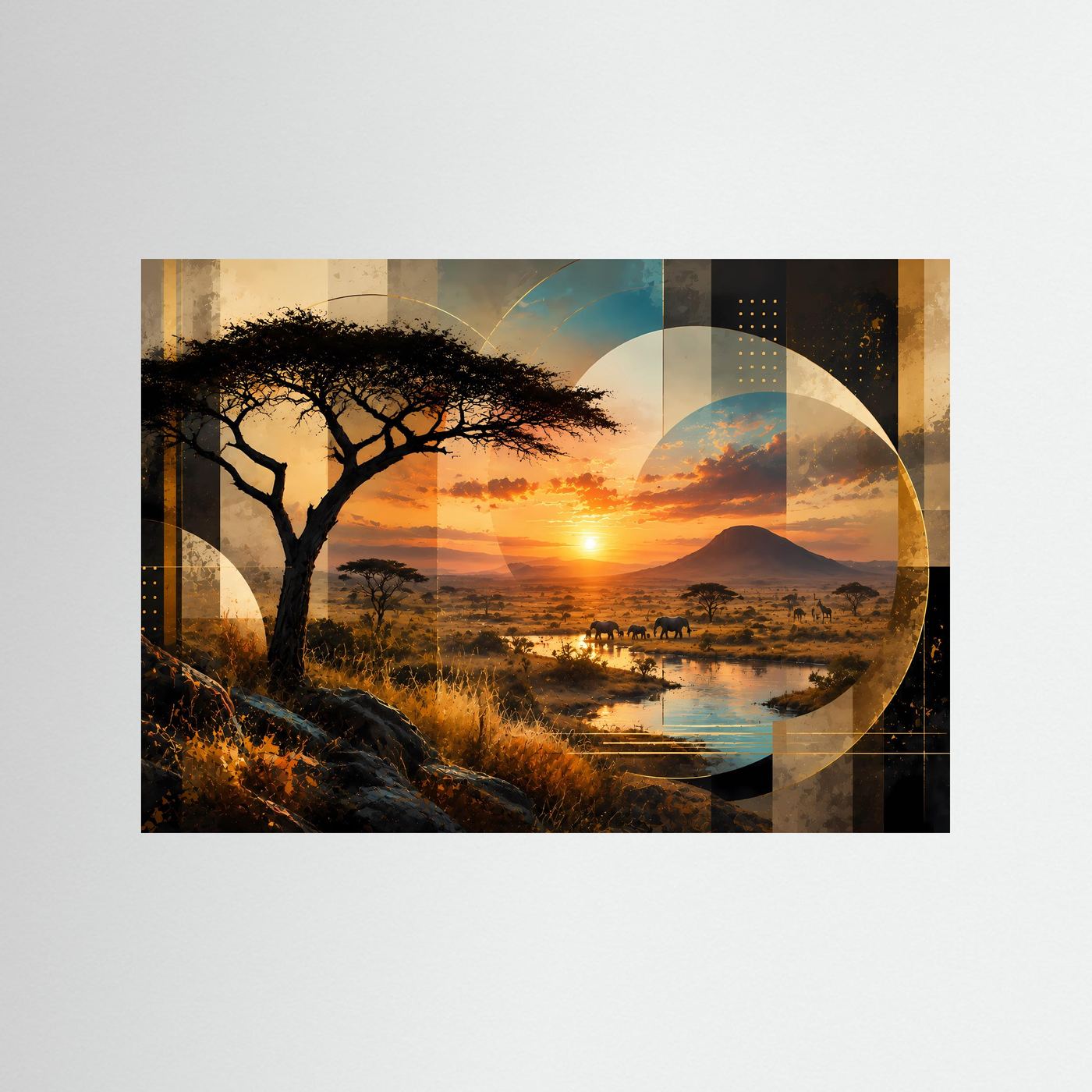 Querformat-Poster mit Savannenlandschaft: afrikanischer Baum, Sonnenuntergang, Berg und Fluss.