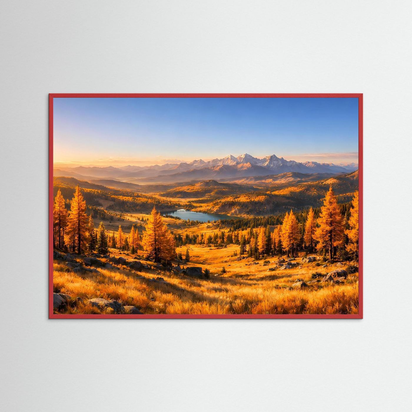 Wandbild mit rotem Rahmen: Herbstlandschaft mit Bergen, Bäumen und Fluss