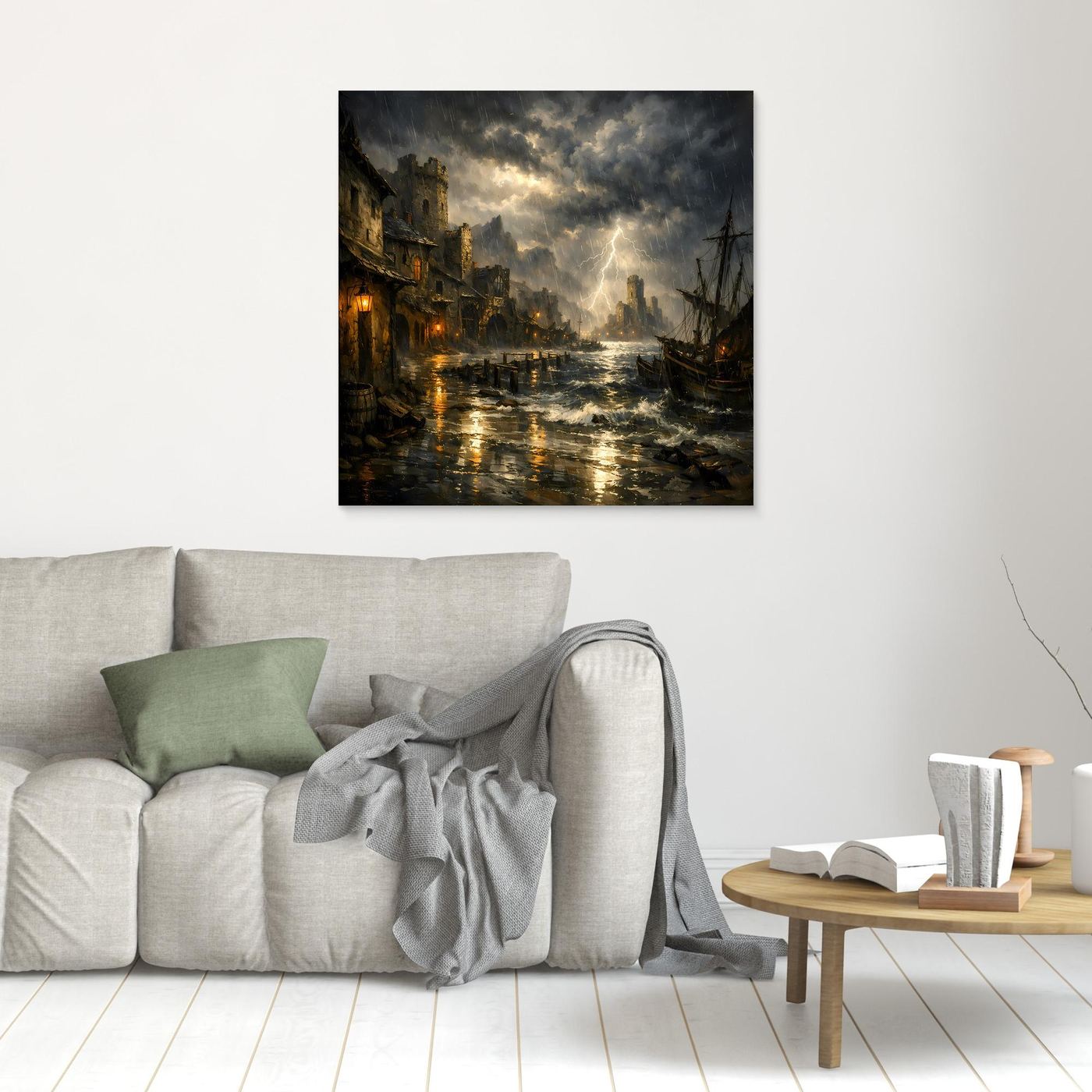 Leinwandbild mit Gewitter über dem Hafen: Blitz, dunkle Wolken und Boote, ohne sichtbaren Rahmen