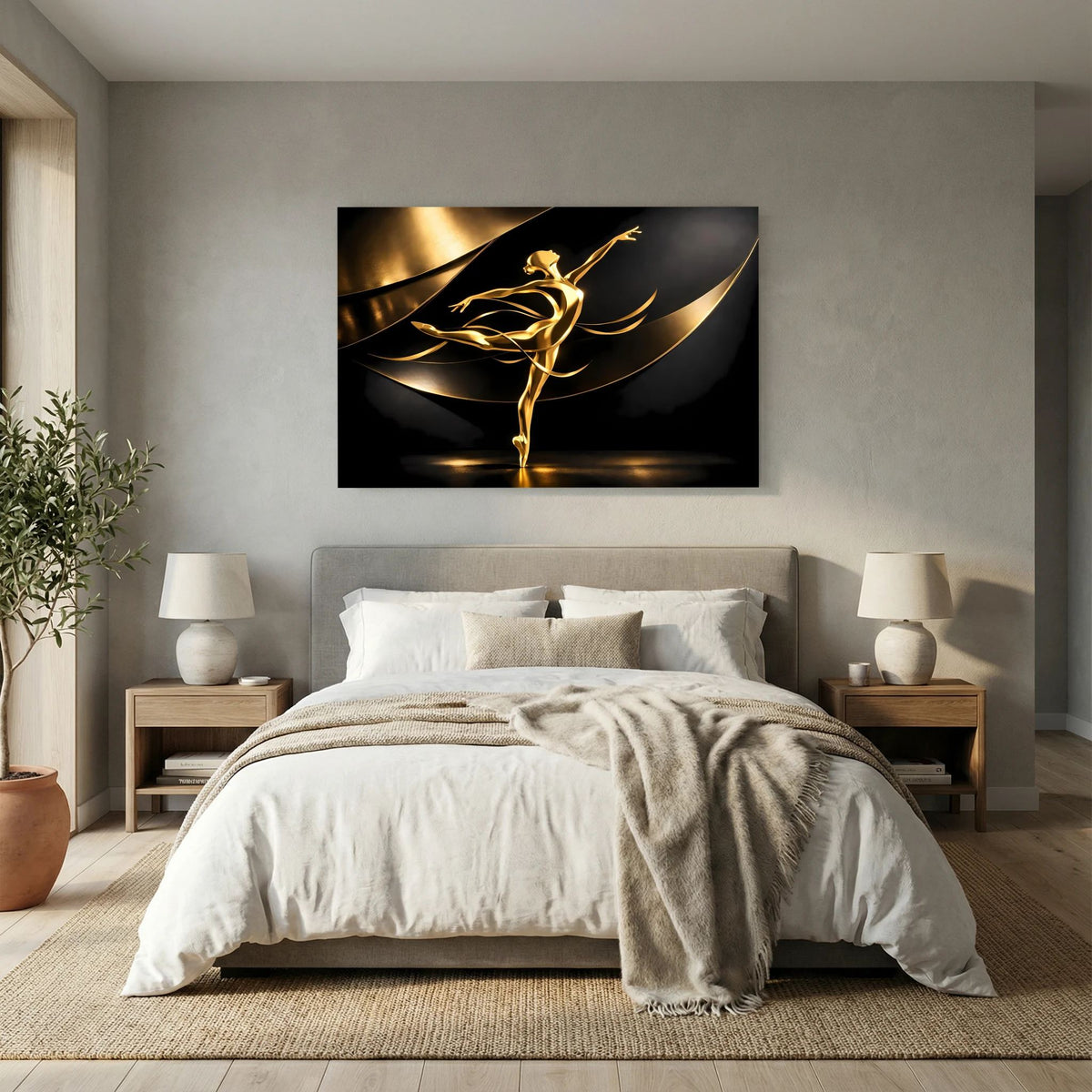 Rechteckiges Wandbild mit goldener Ballerina-Figur und fließenden goldenen Kurven