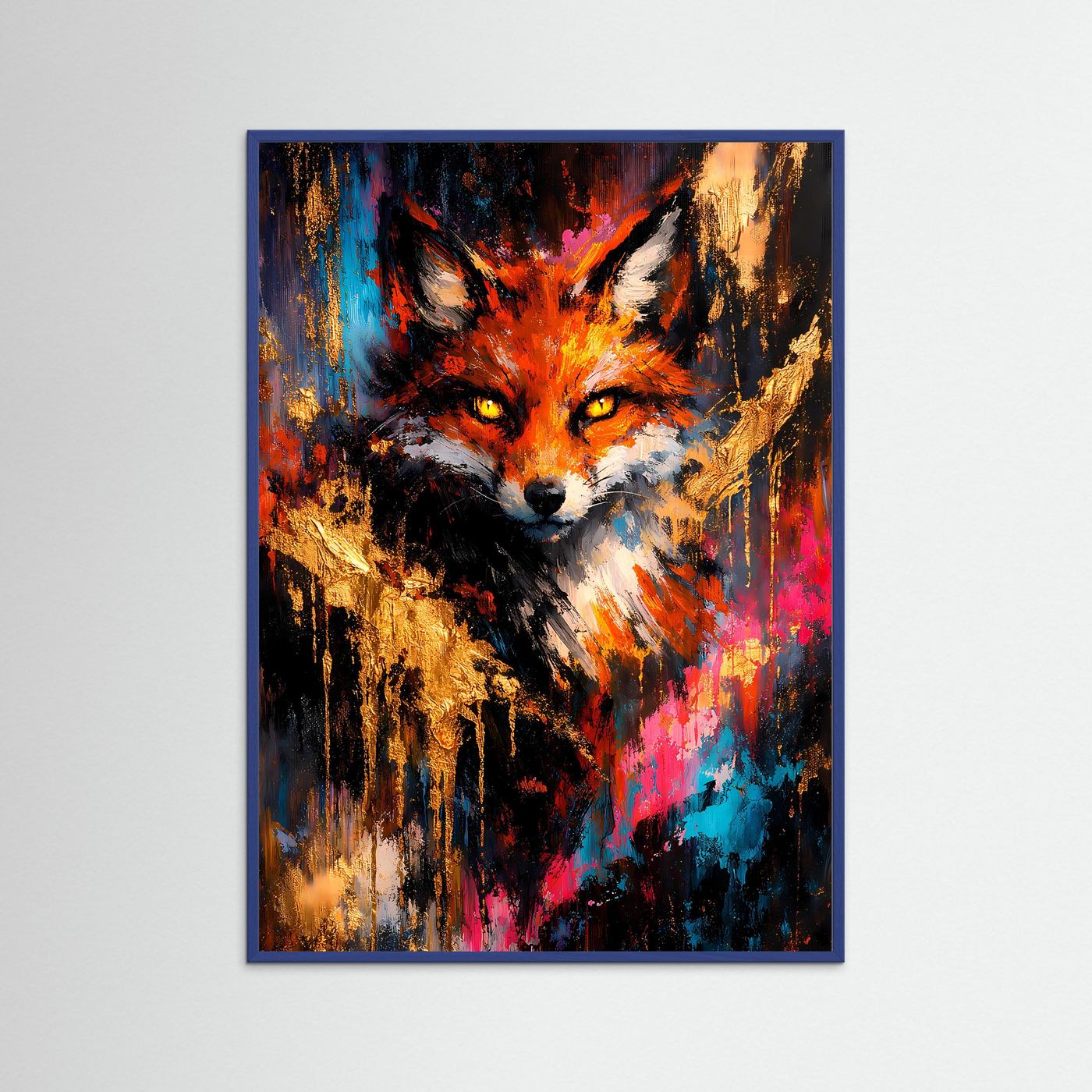 Abstraktes Fuchs-Kunstposter, hochkant, im dunkelblauen Rahmen; leuchtende Rot-, Blau- und Goldtöne.